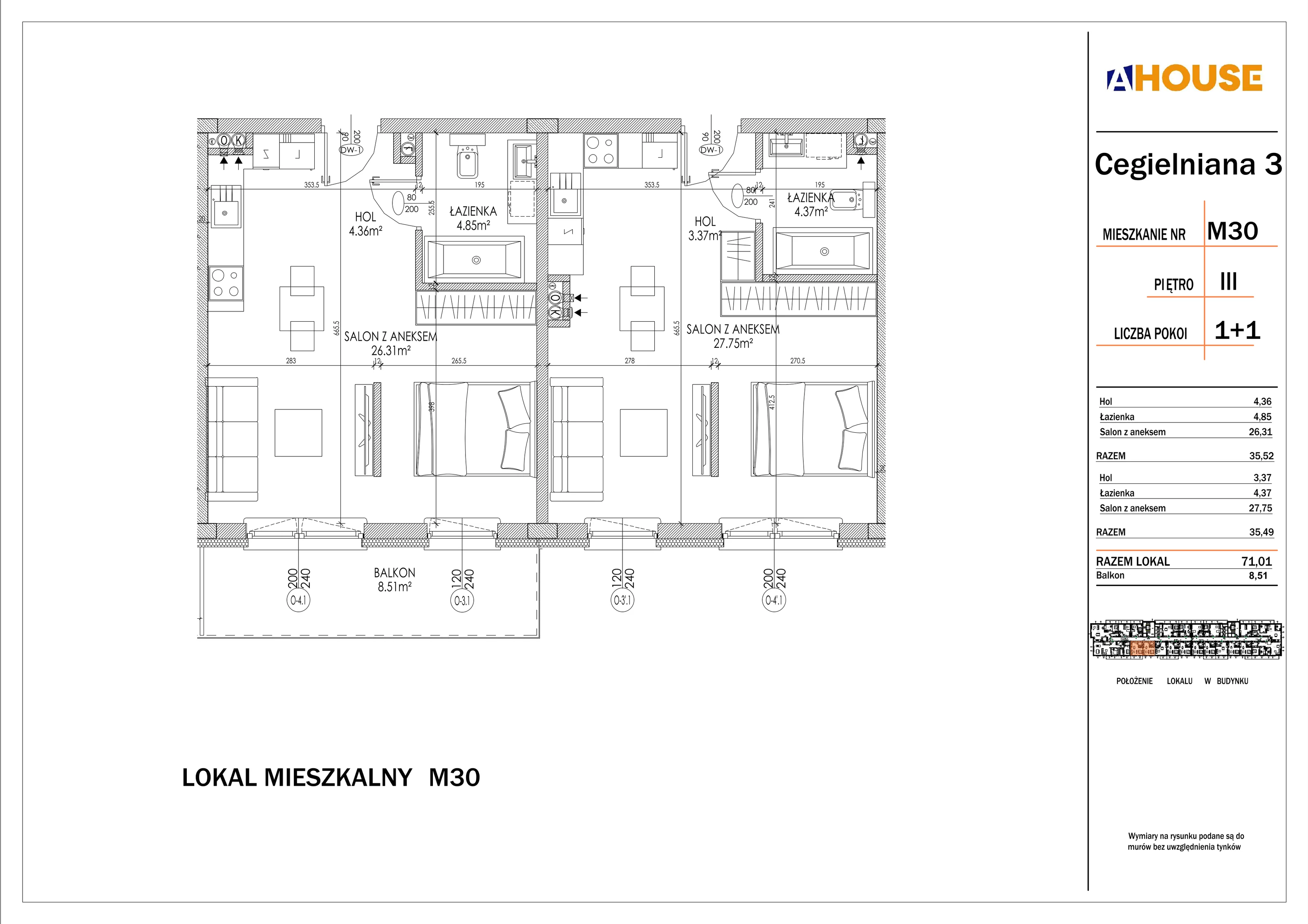 4 pokoje, mieszkanie 71,01 m², piętro 3, oferta nr 30, Osiedle StaLove Etap I, Grodzisk Mazowiecki, ul. Cegielniana 3