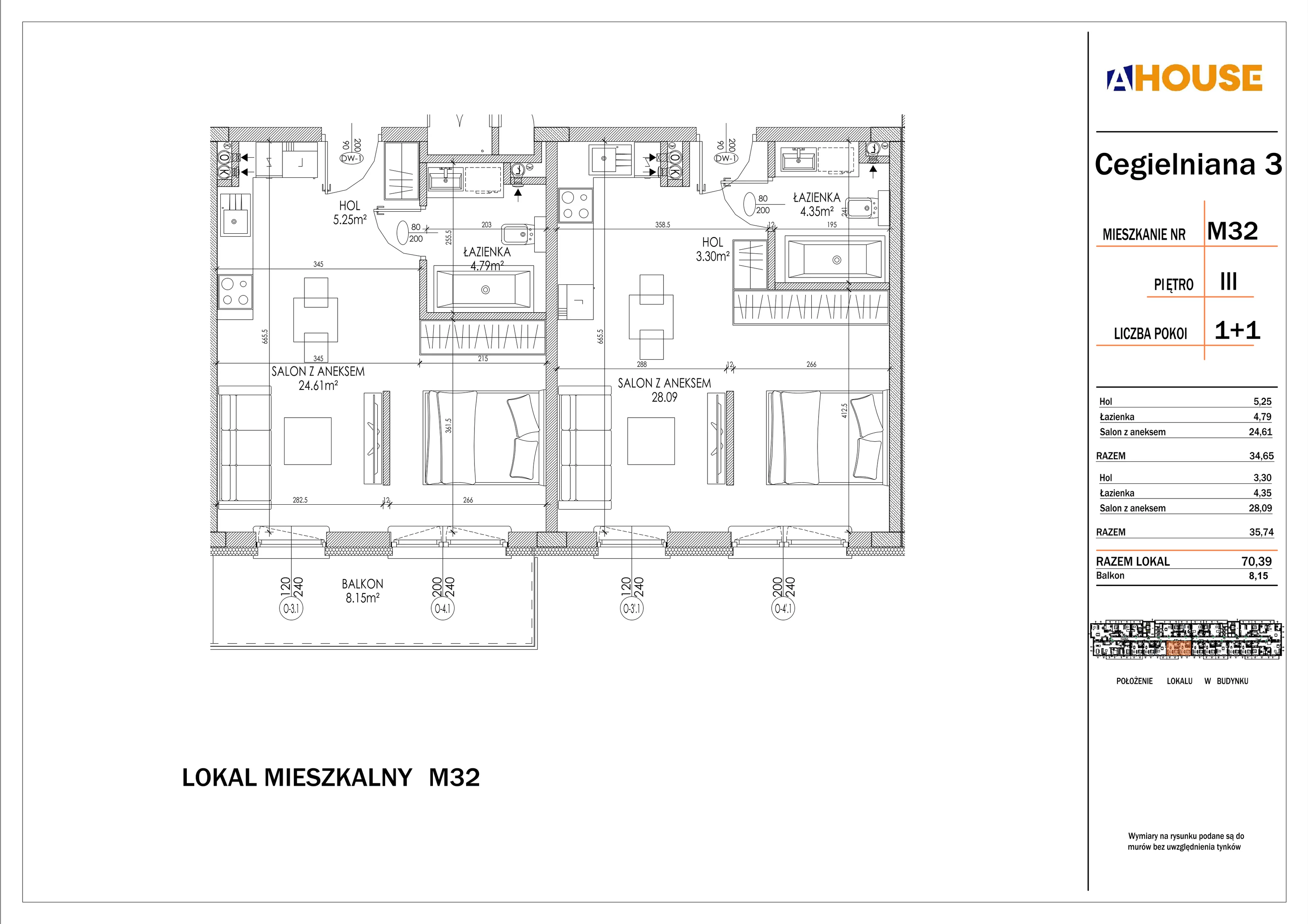4 pokoje, mieszkanie 70,39 m², piętro 3, oferta nr 32, Osiedle StaLove Etap I, Grodzisk Mazowiecki, ul. Cegielniana 3