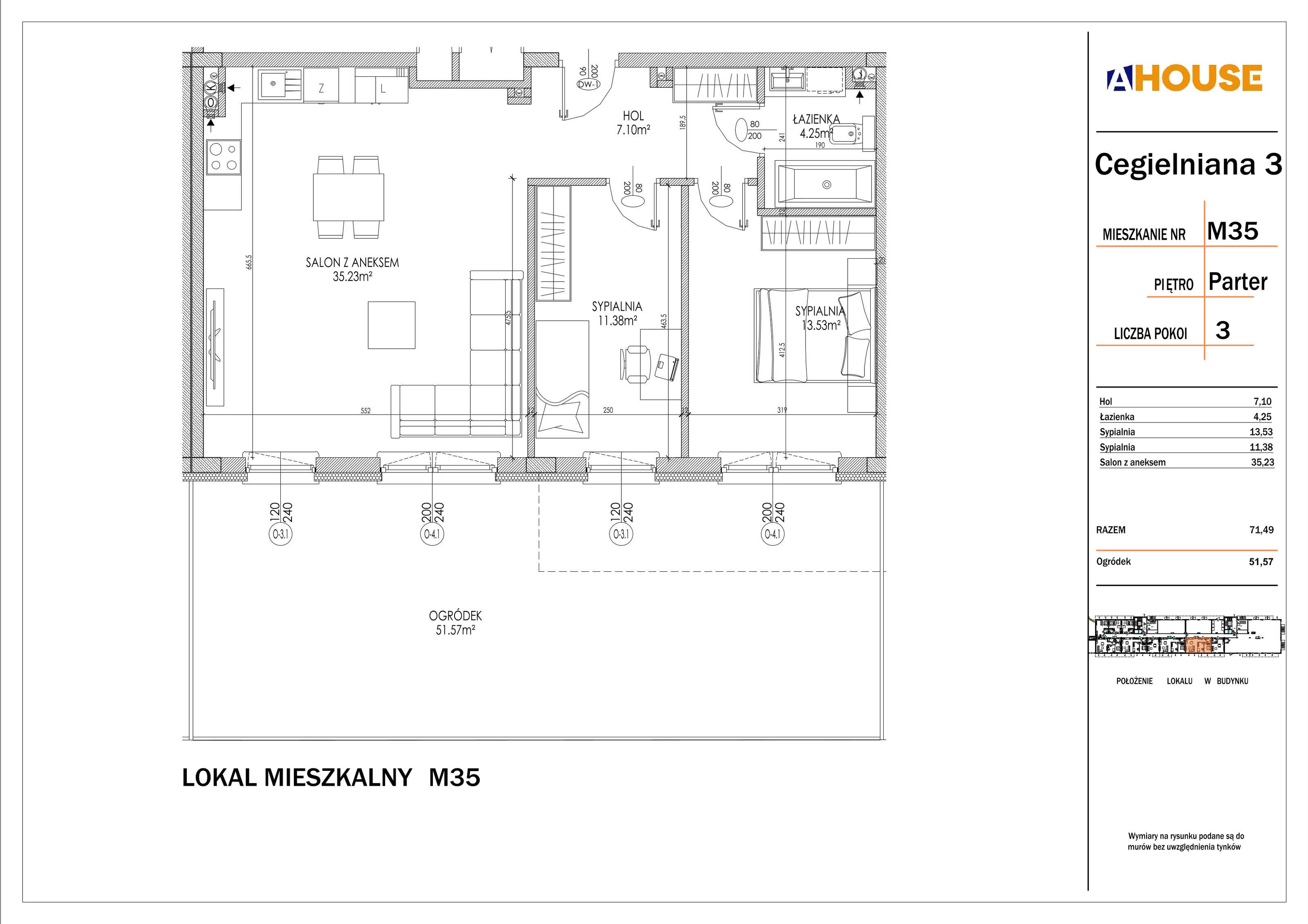3 pokoje, mieszkanie 71,49 m², parter, oferta nr 35, Osiedle StaLove Etap I, Grodzisk Mazowiecki, ul. Cegielniana 3