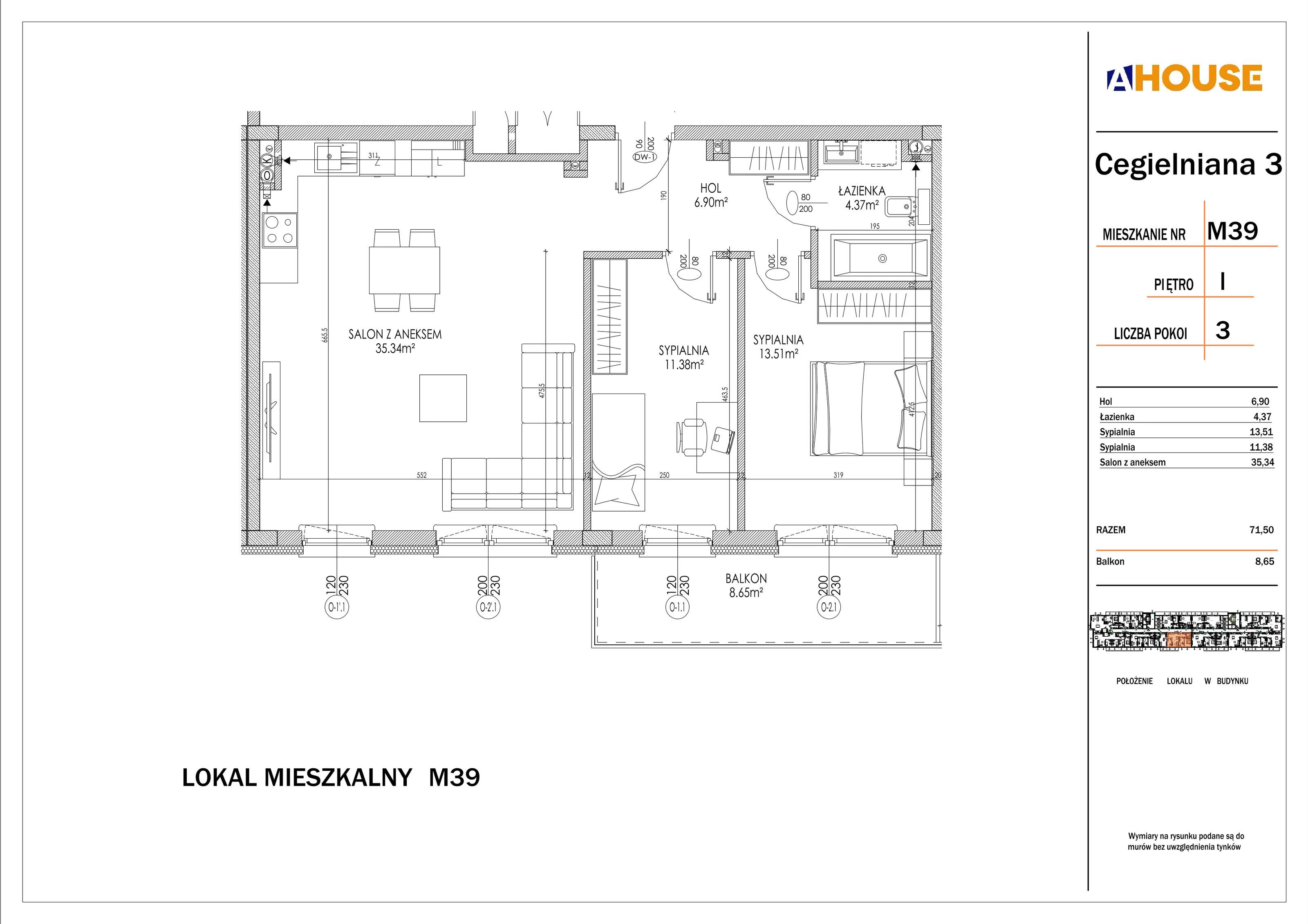 3 pokoje, mieszkanie 71,50 m², piętro 1, oferta nr 39, Osiedle StaLove Etap I, Grodzisk Mazowiecki, ul. Cegielniana 3