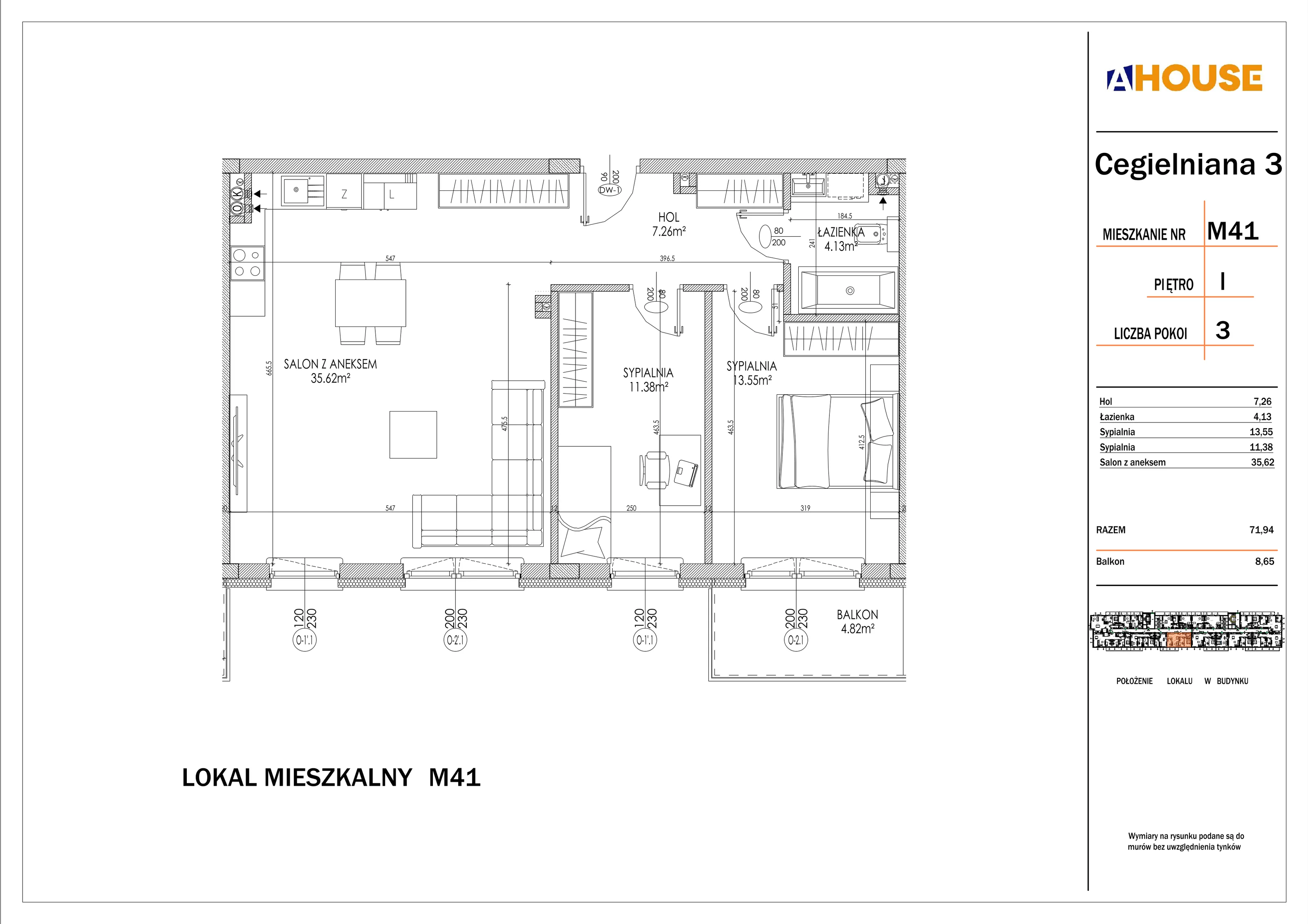 3 pokoje, mieszkanie 71,94 m², piętro 1, oferta nr 41, Osiedle StaLove Etap I, Grodzisk Mazowiecki, ul. Cegielniana 3