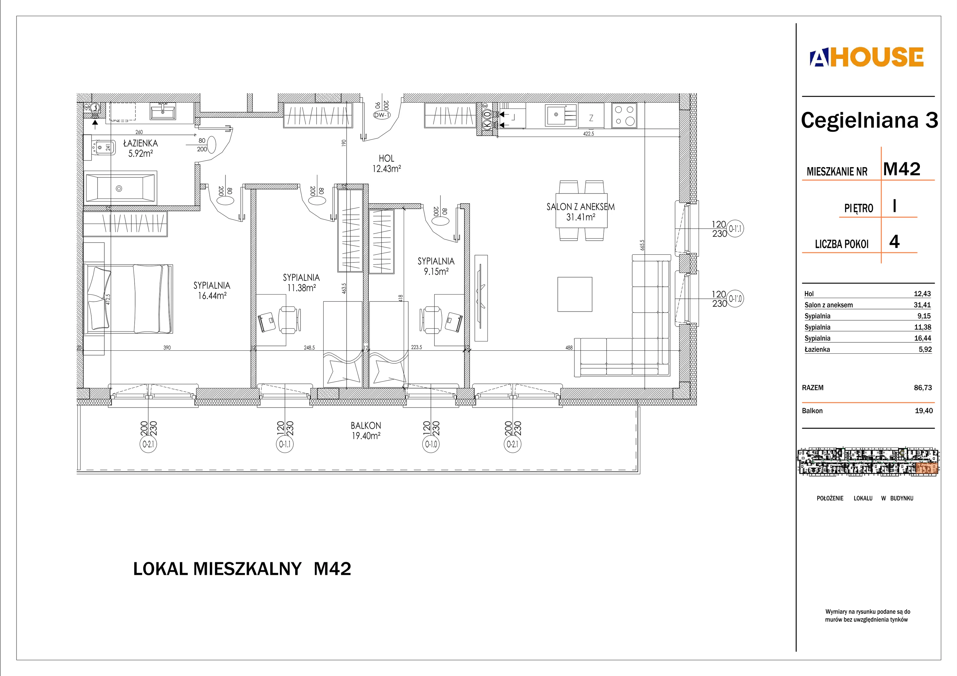 4 pokoje, mieszkanie 86,73 m², piętro 1, oferta nr 42, Osiedle StaLove Etap I, Grodzisk Mazowiecki, ul. Cegielniana 3