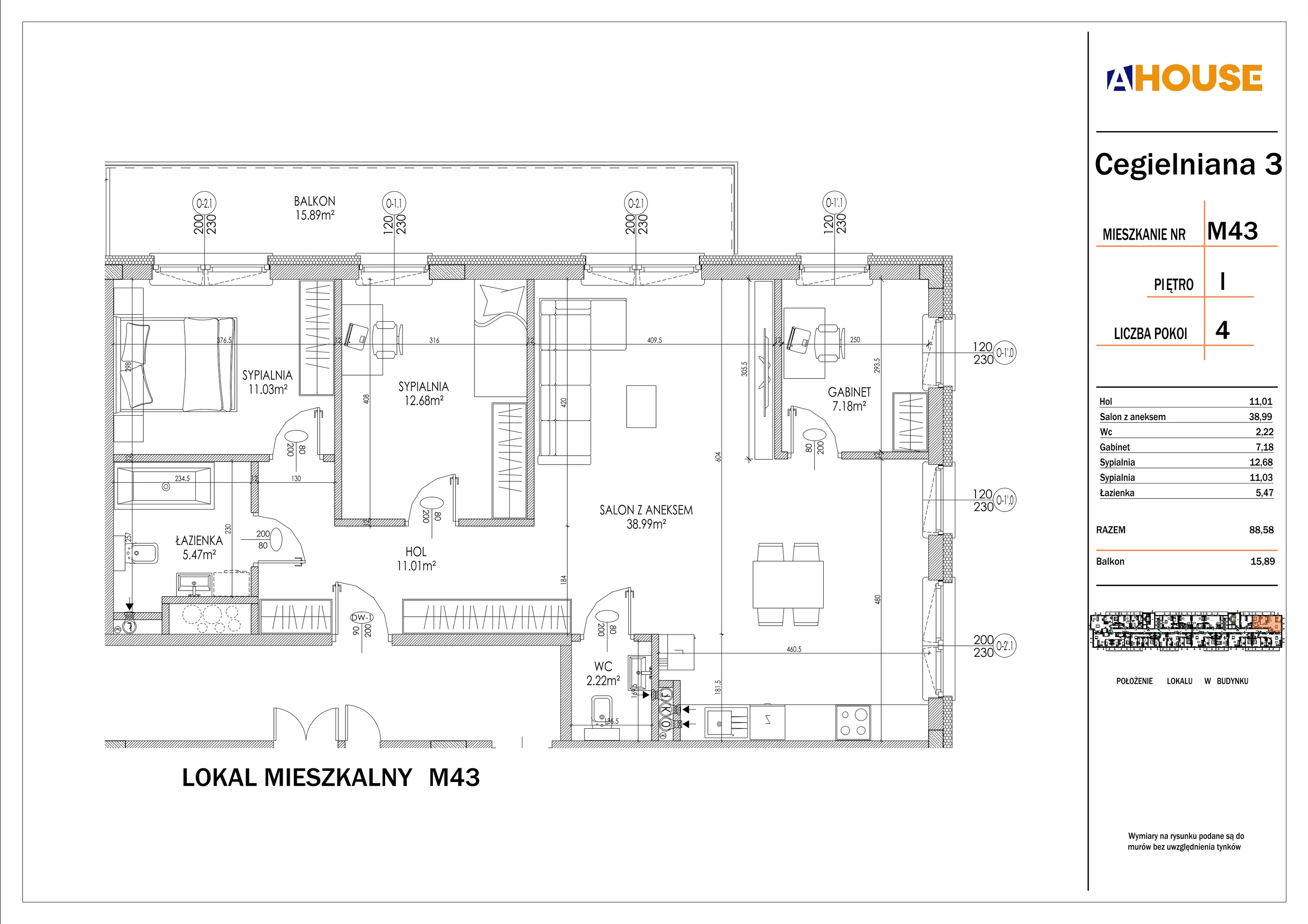 4 pokoje, mieszkanie 88,58 m², piętro 1, oferta nr 43, Osiedle StaLove Etap I, Grodzisk Mazowiecki, ul. Cegielniana 3