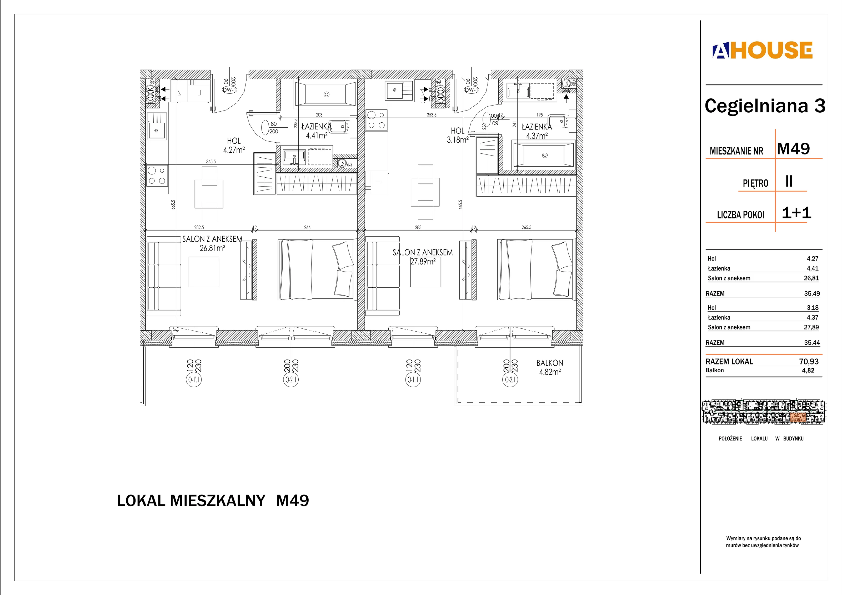 4 pokoje, mieszkanie 70,93 m², piętro 2, oferta nr 49, Osiedle StaLove Etap I, Grodzisk Mazowiecki, ul. Cegielniana 3
