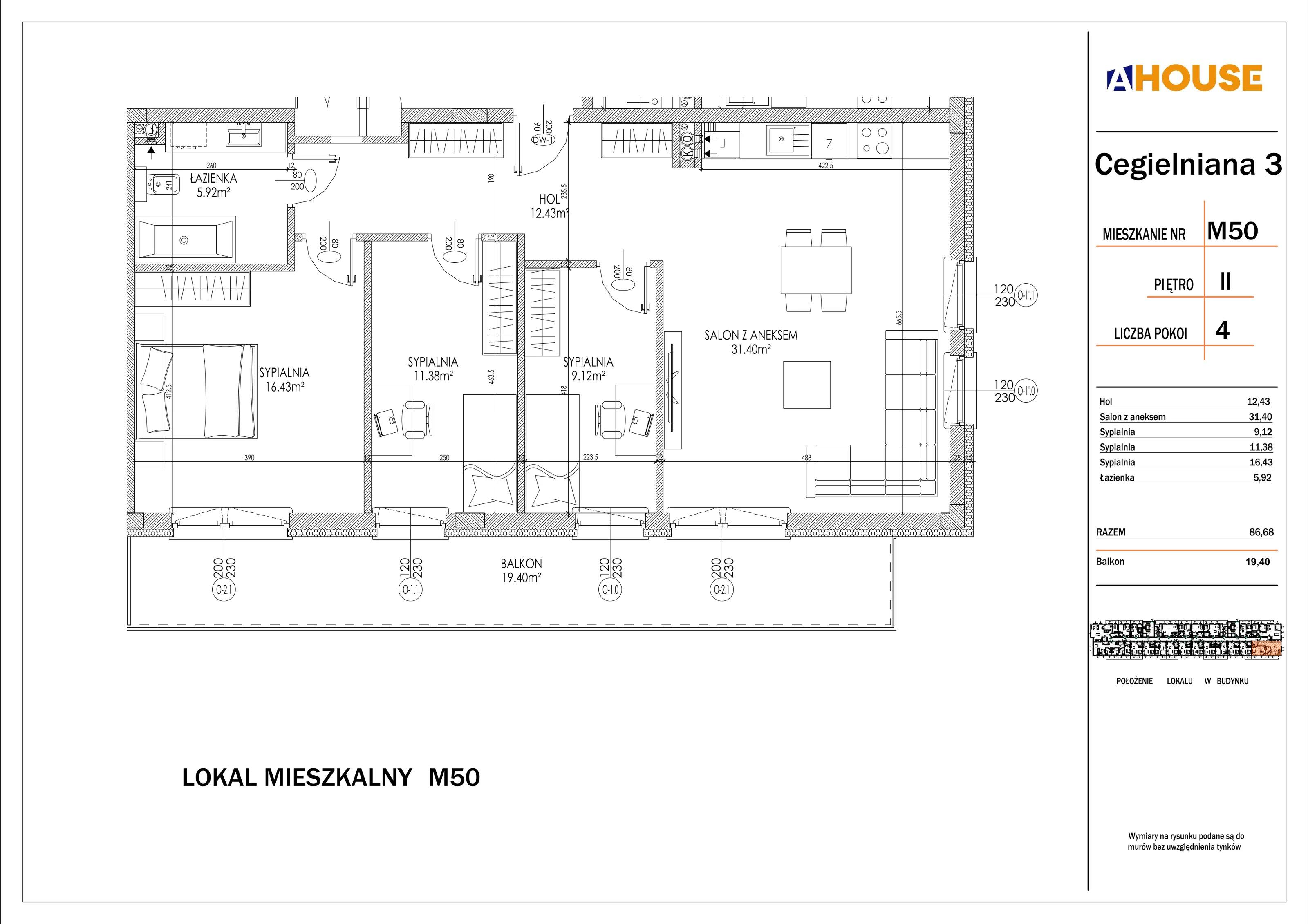 4 pokoje, mieszkanie 86,68 m², piętro 2, oferta nr 50, Osiedle StaLove Etap I, Grodzisk Mazowiecki, ul. Cegielniana 3