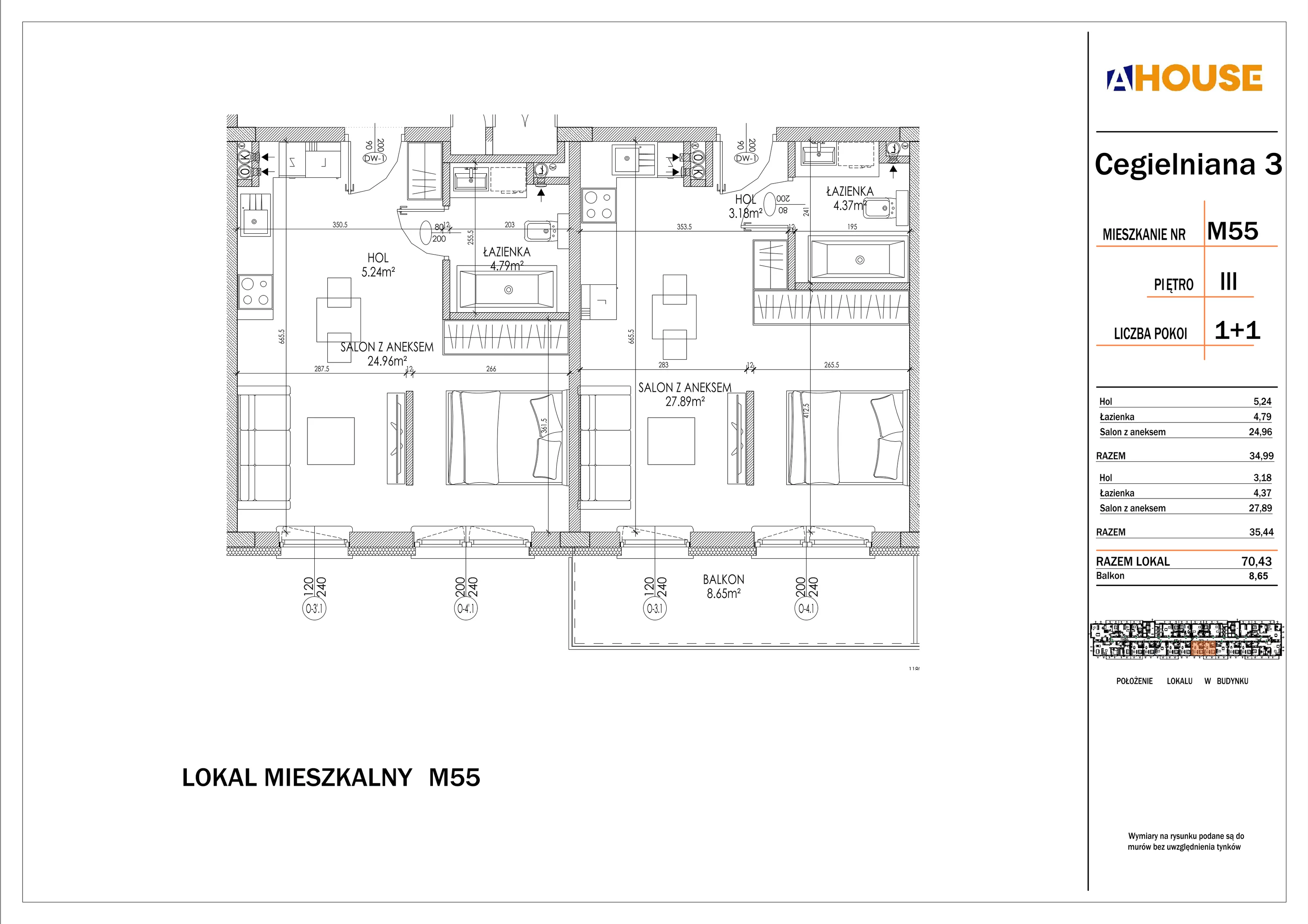 4 pokoje, mieszkanie 70,40 m², piętro 3, oferta nr 55, Osiedle StaLove Etap I, Grodzisk Mazowiecki, ul. Cegielniana 3