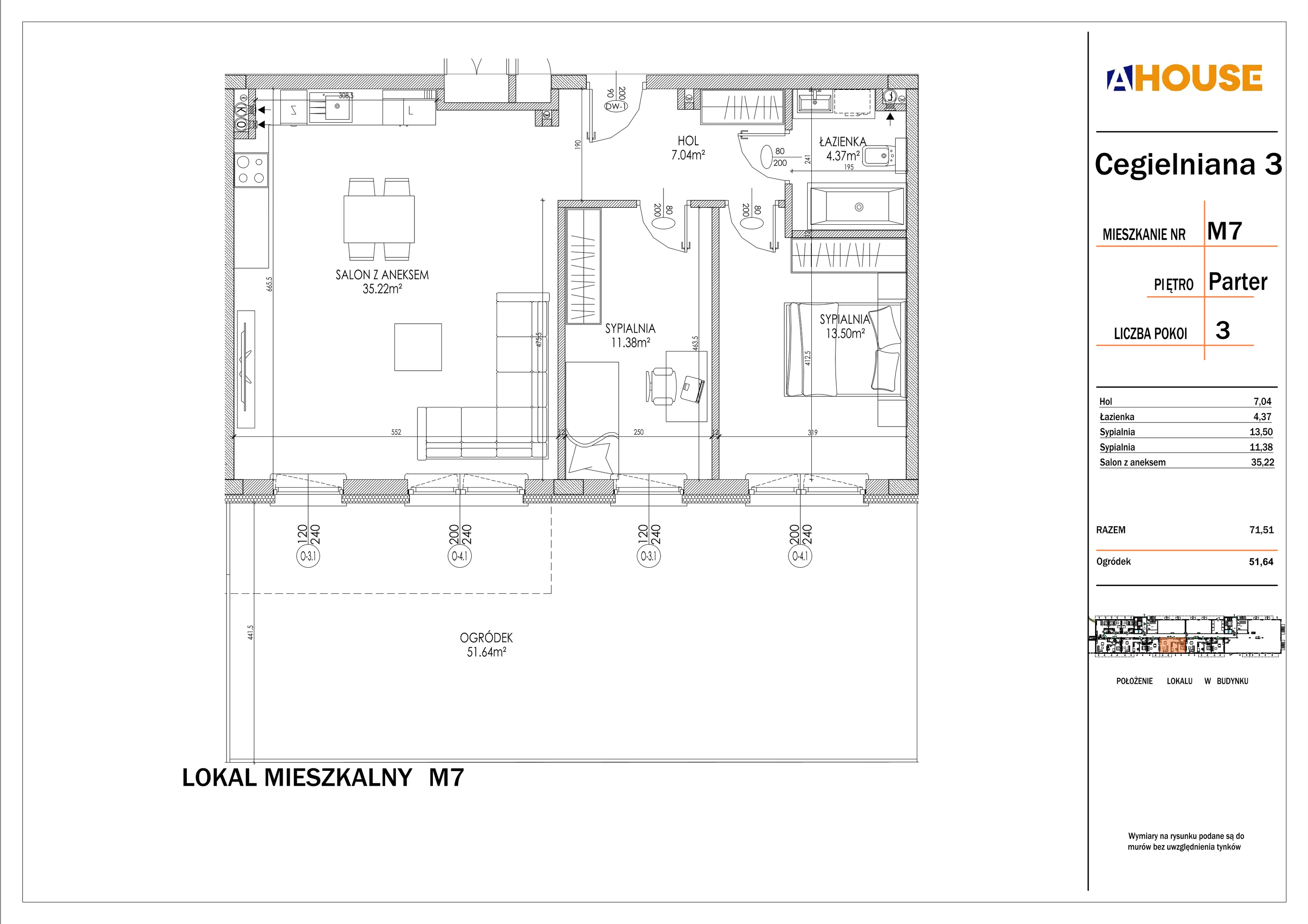 3 pokoje, mieszkanie 71,51 m², parter, oferta nr 7, Osiedle StaLove Etap I, Grodzisk Mazowiecki, ul. Cegielniana 3