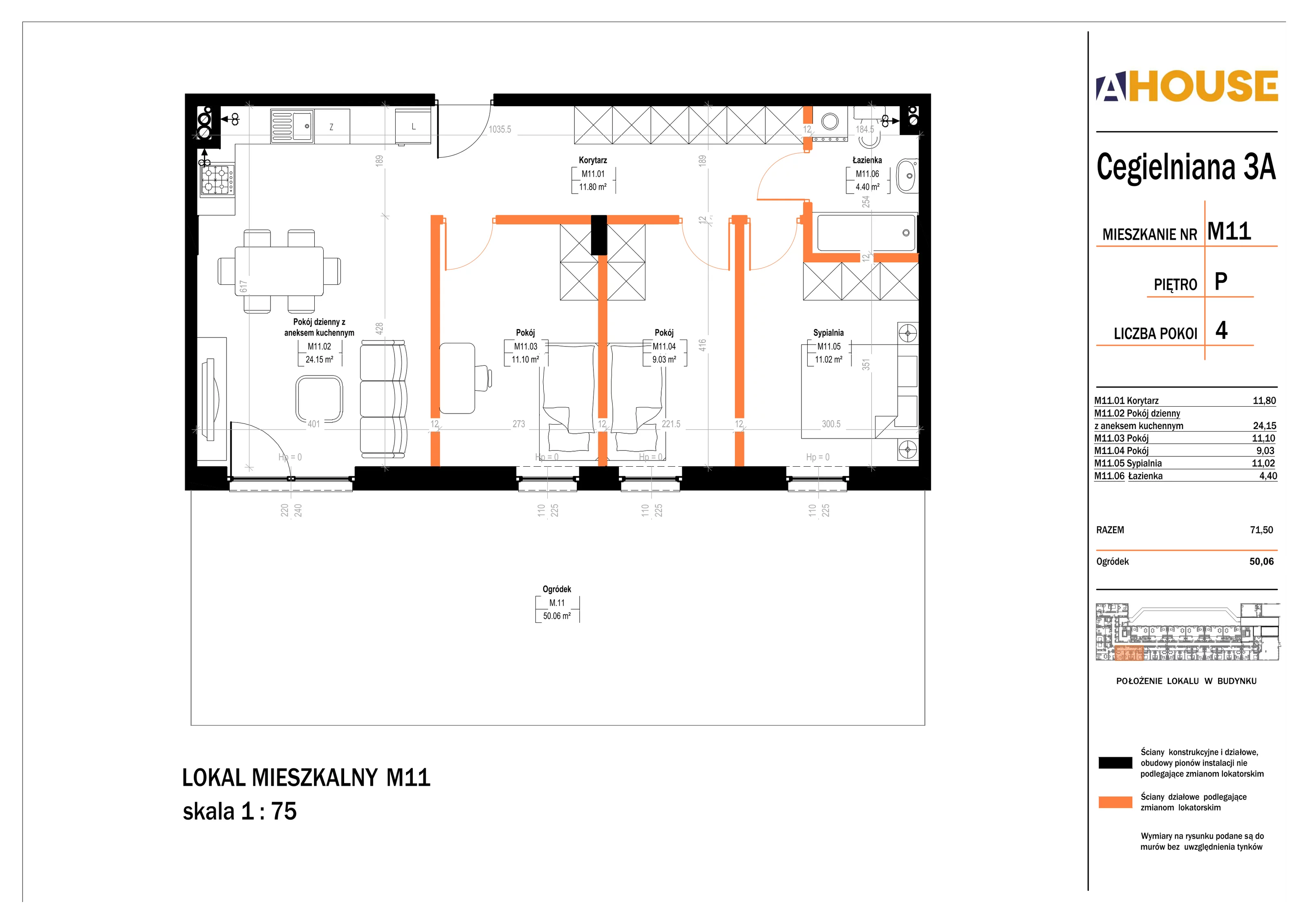 4 pokoje, mieszkanie 71,50 m², parter, oferta nr 11, Osiedle StaLove Etap II, Grodzisk Mazowiecki, ul. Cegielniana 3