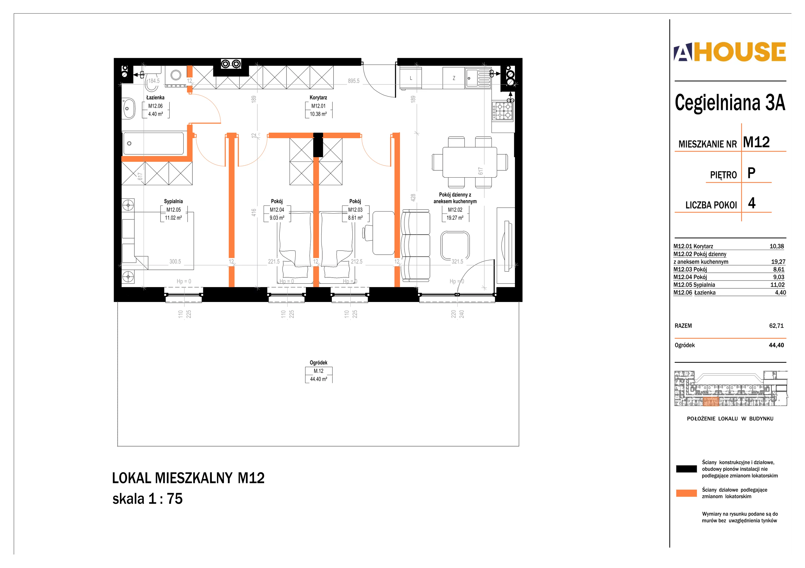 4 pokoje, mieszkanie 62,71 m², parter, oferta nr 12, Osiedle StaLove Etap II, Grodzisk Mazowiecki, ul. Cegielniana 3