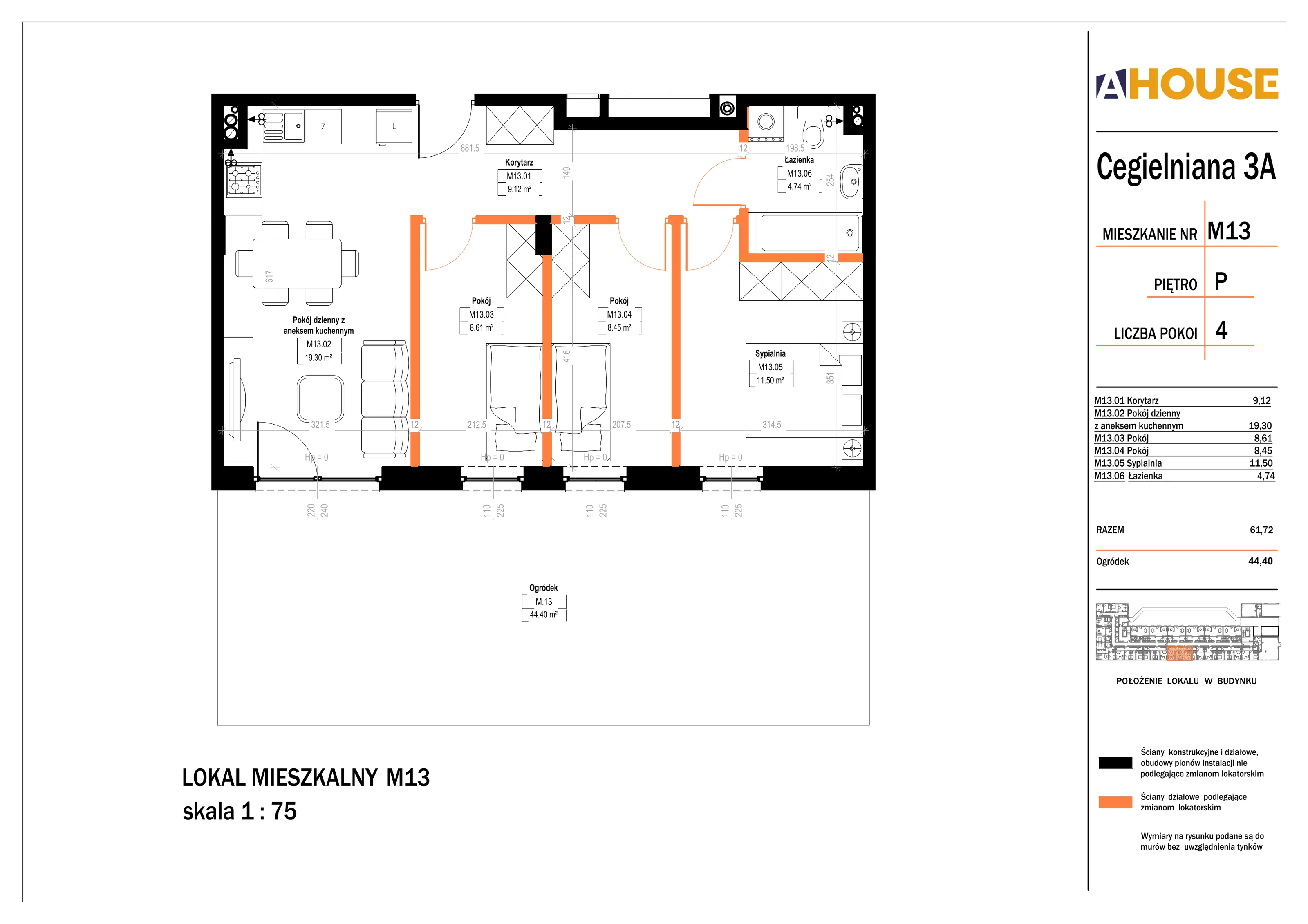 4 pokoje, mieszkanie 61,72 m², parter, oferta nr 13, Osiedle StaLove Etap II, Grodzisk Mazowiecki, ul. Cegielniana 3