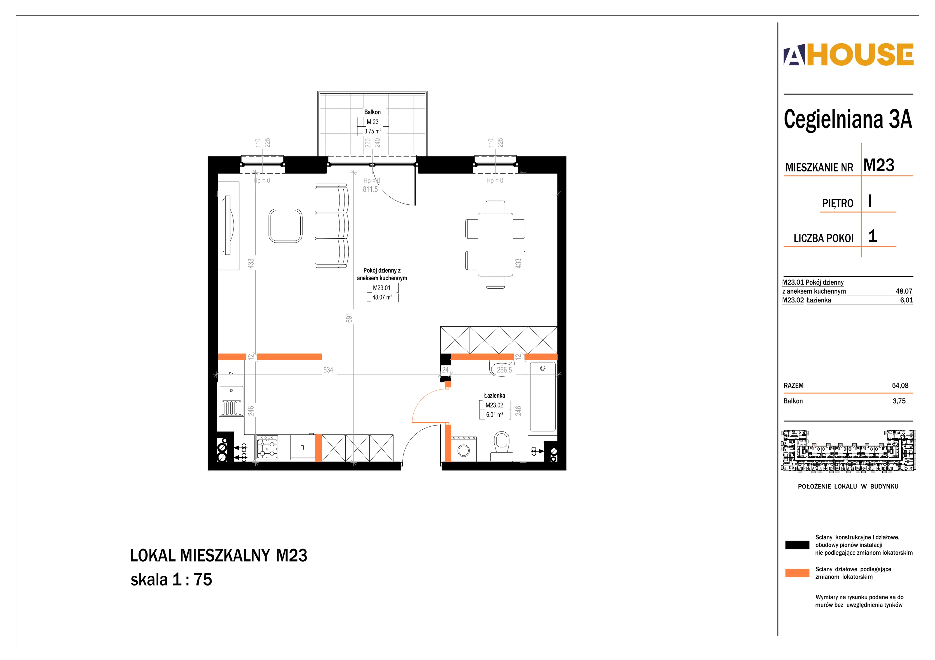 2 pokoje, mieszkanie 54,08 m², piętro 1, oferta nr 23, Osiedle StaLove Etap II, Grodzisk Mazowiecki, ul. Cegielniana 3