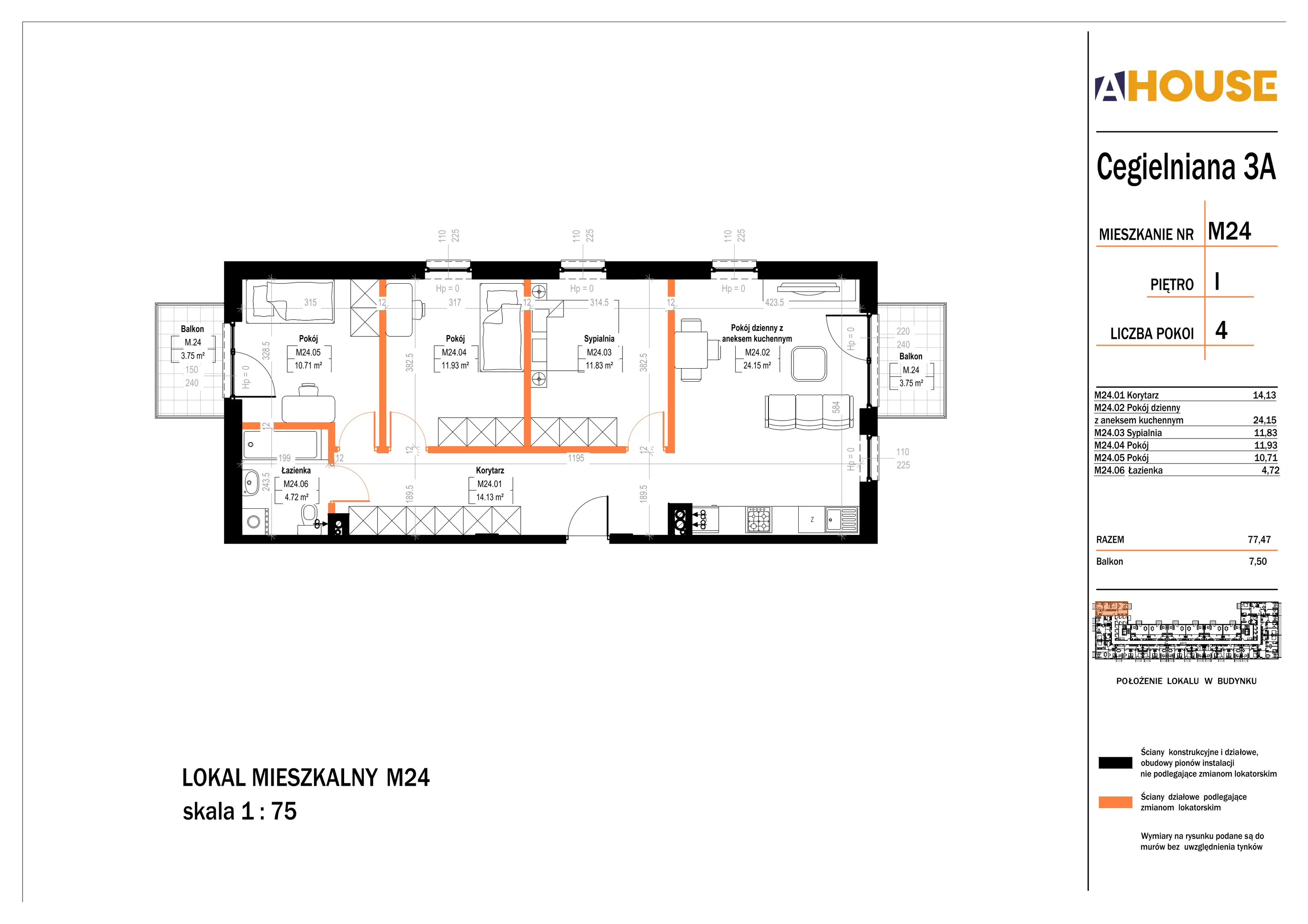 4 pokoje, mieszkanie 77,47 m², piętro 1, oferta nr 24, Osiedle StaLove Etap II, Grodzisk Mazowiecki, ul. Cegielniana 3