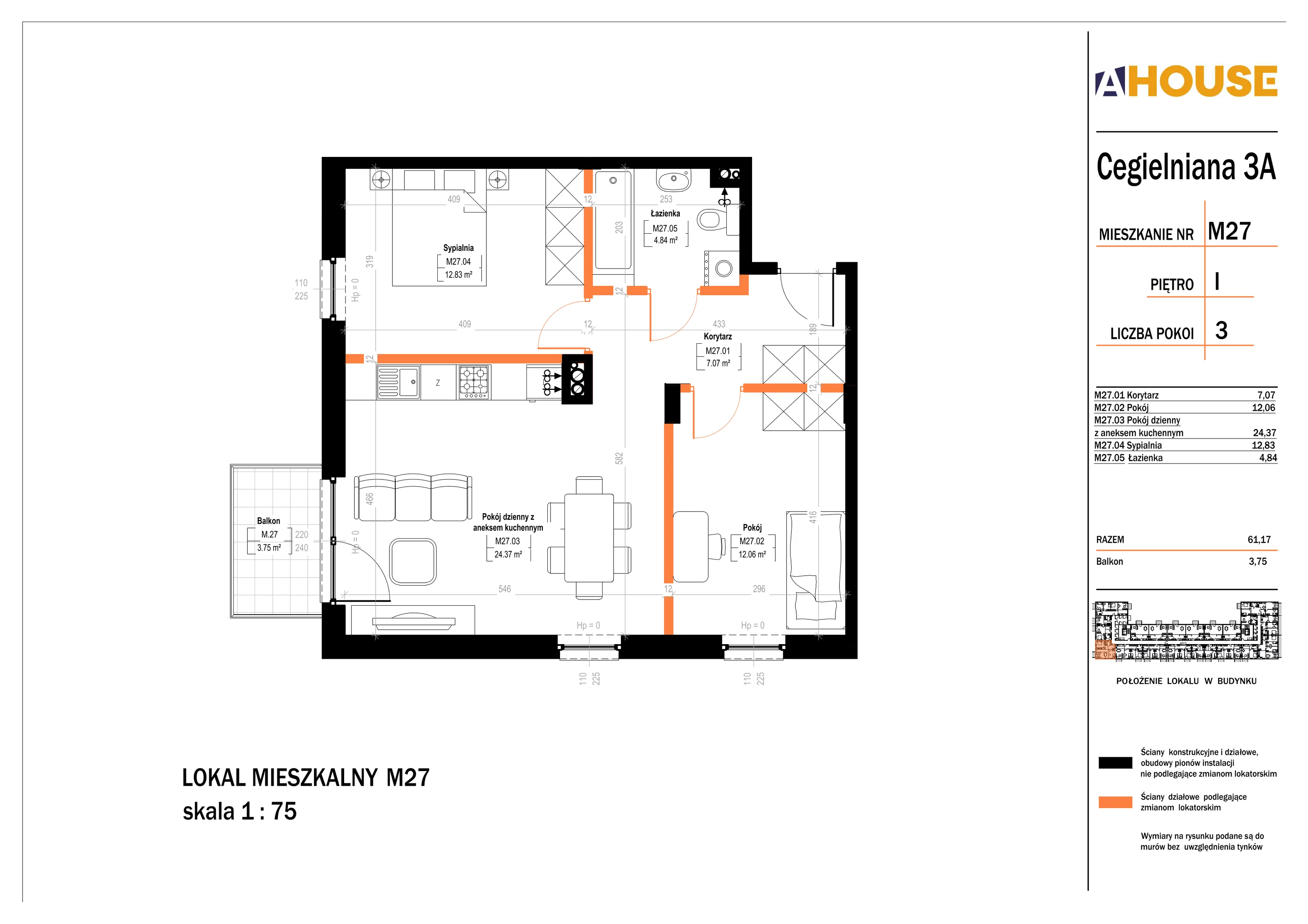 3 pokoje, mieszkanie 61,17 m², piętro 1, oferta nr 27, Osiedle StaLove Etap II, Grodzisk Mazowiecki, ul. Cegielniana 3