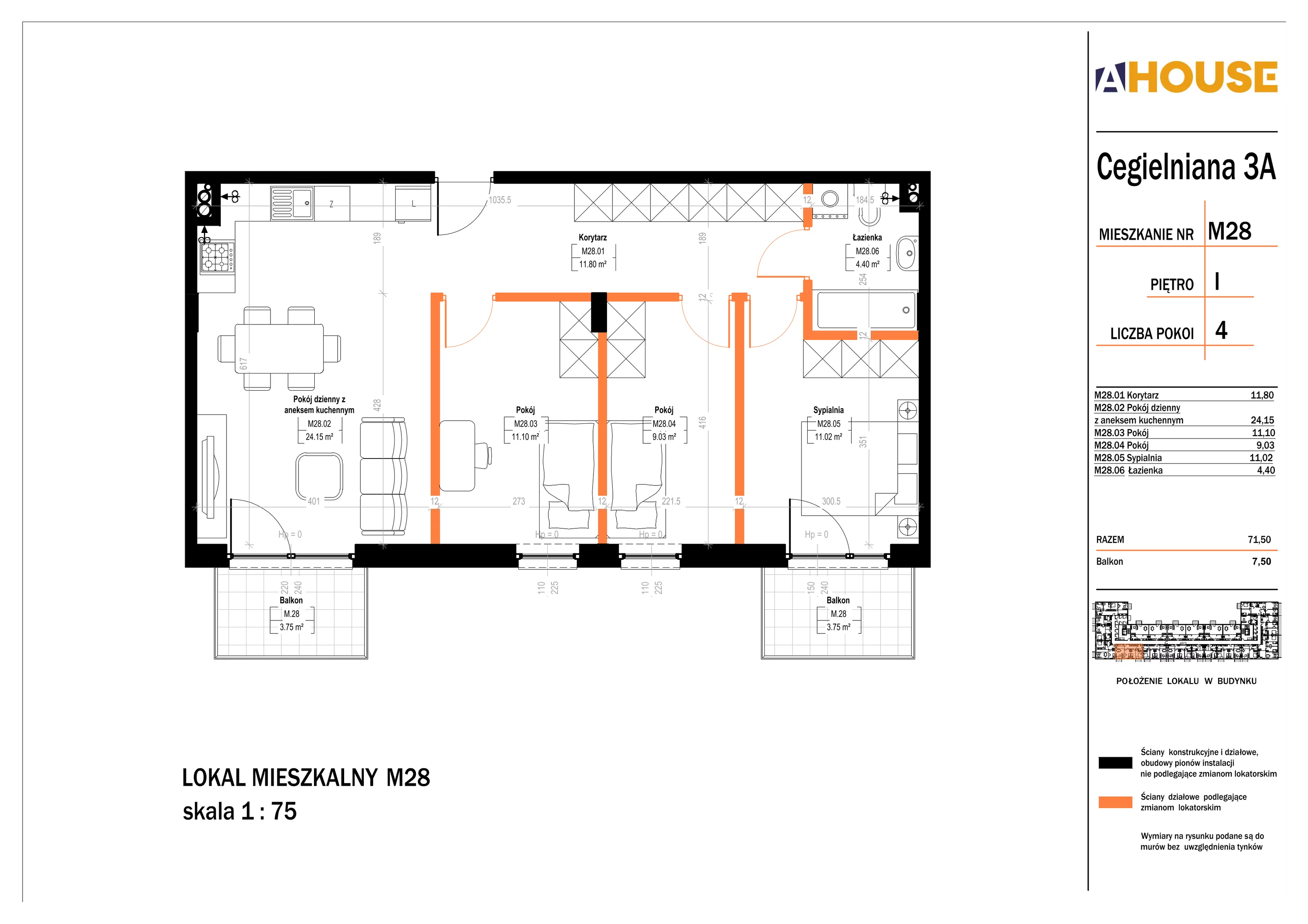 4 pokoje, mieszkanie 71,50 m², piętro 1, oferta nr 28, Osiedle StaLove Etap II, Grodzisk Mazowiecki, ul. Cegielniana 3