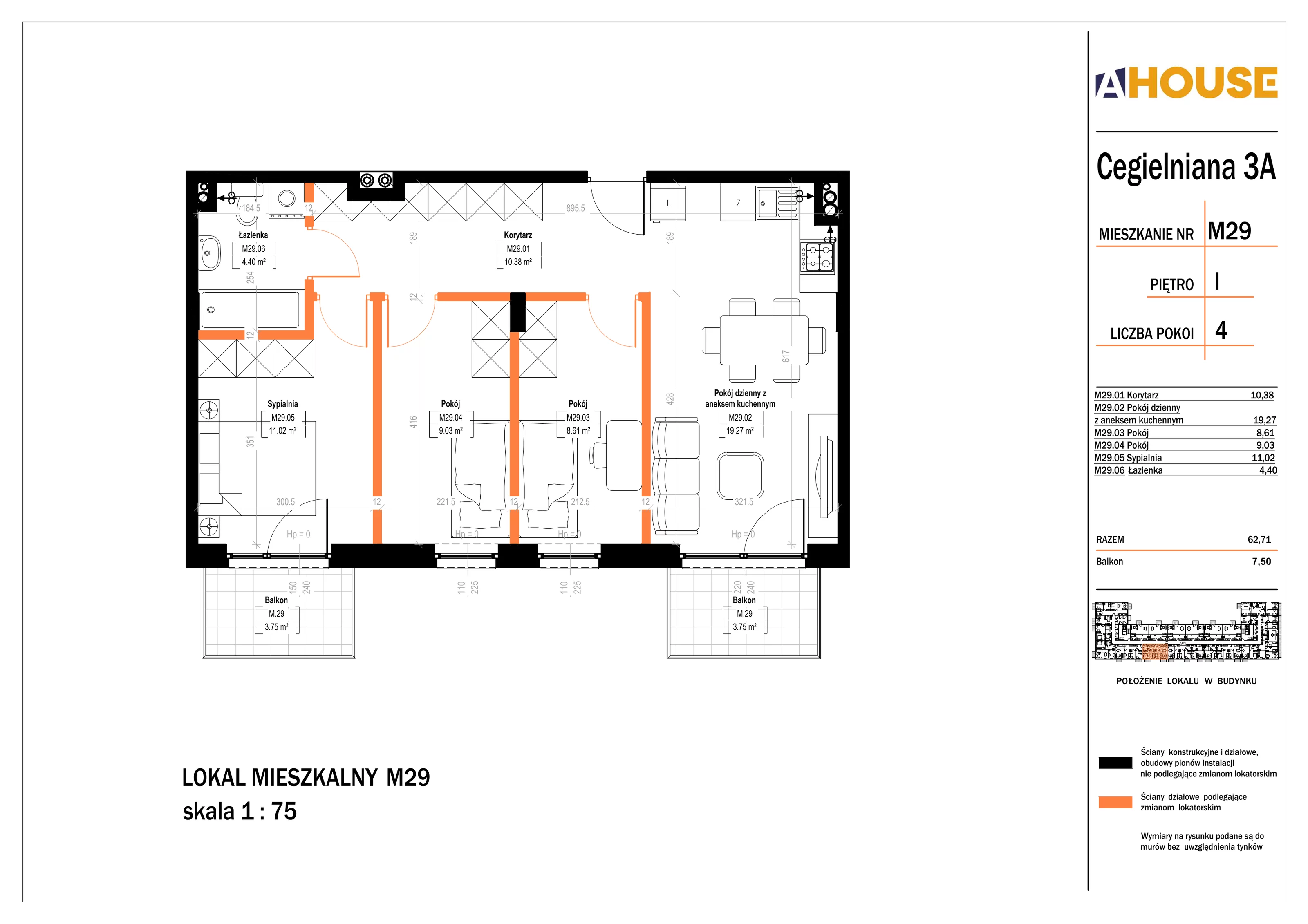 4 pokoje, mieszkanie 62,71 m², piętro 1, oferta nr 29, Osiedle StaLove Etap II, Grodzisk Mazowiecki, ul. Cegielniana 3