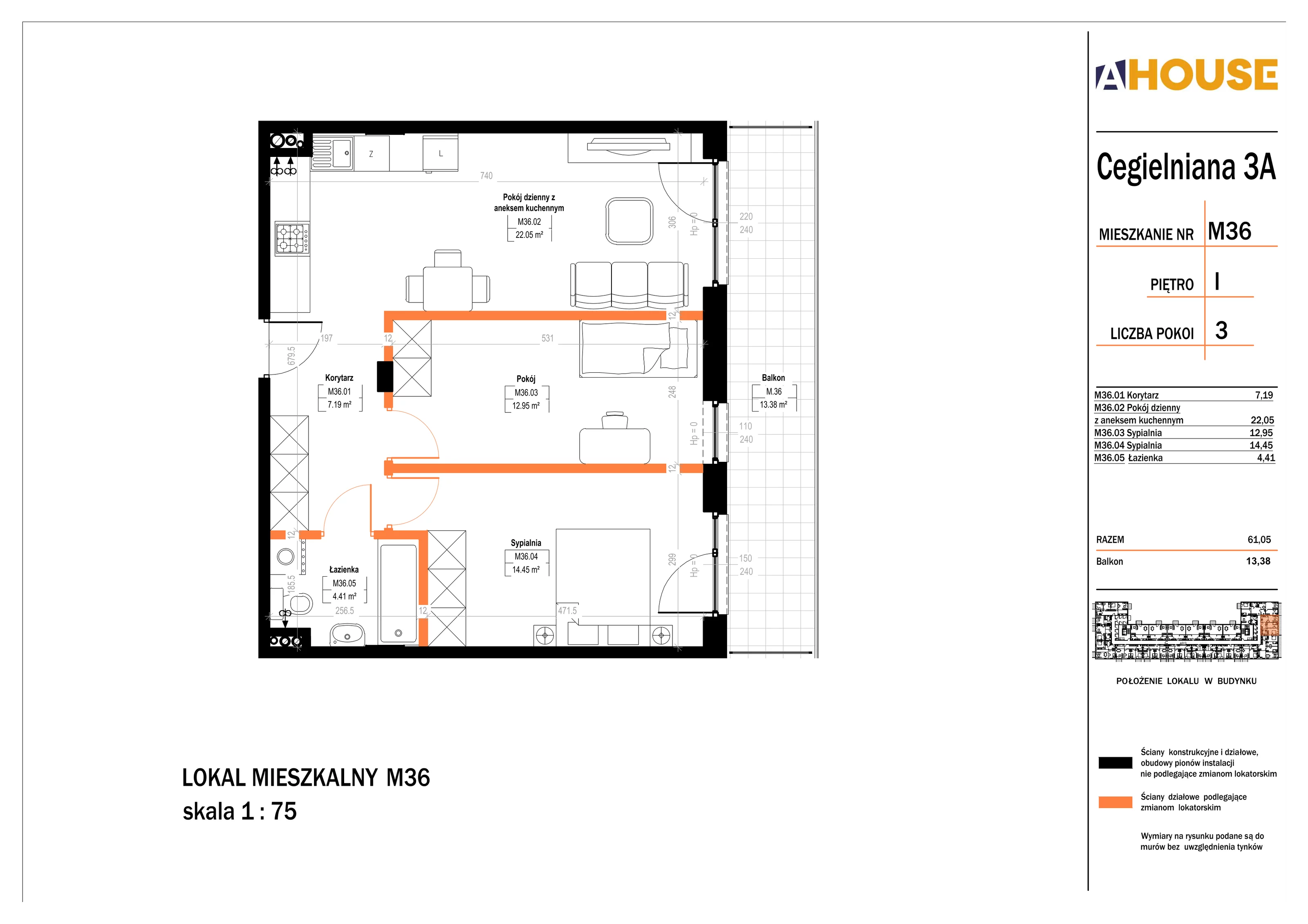 3 pokoje, mieszkanie 61,05 m², piętro 1, oferta nr 36, Osiedle StaLove Etap II, Grodzisk Mazowiecki, ul. Cegielniana 3