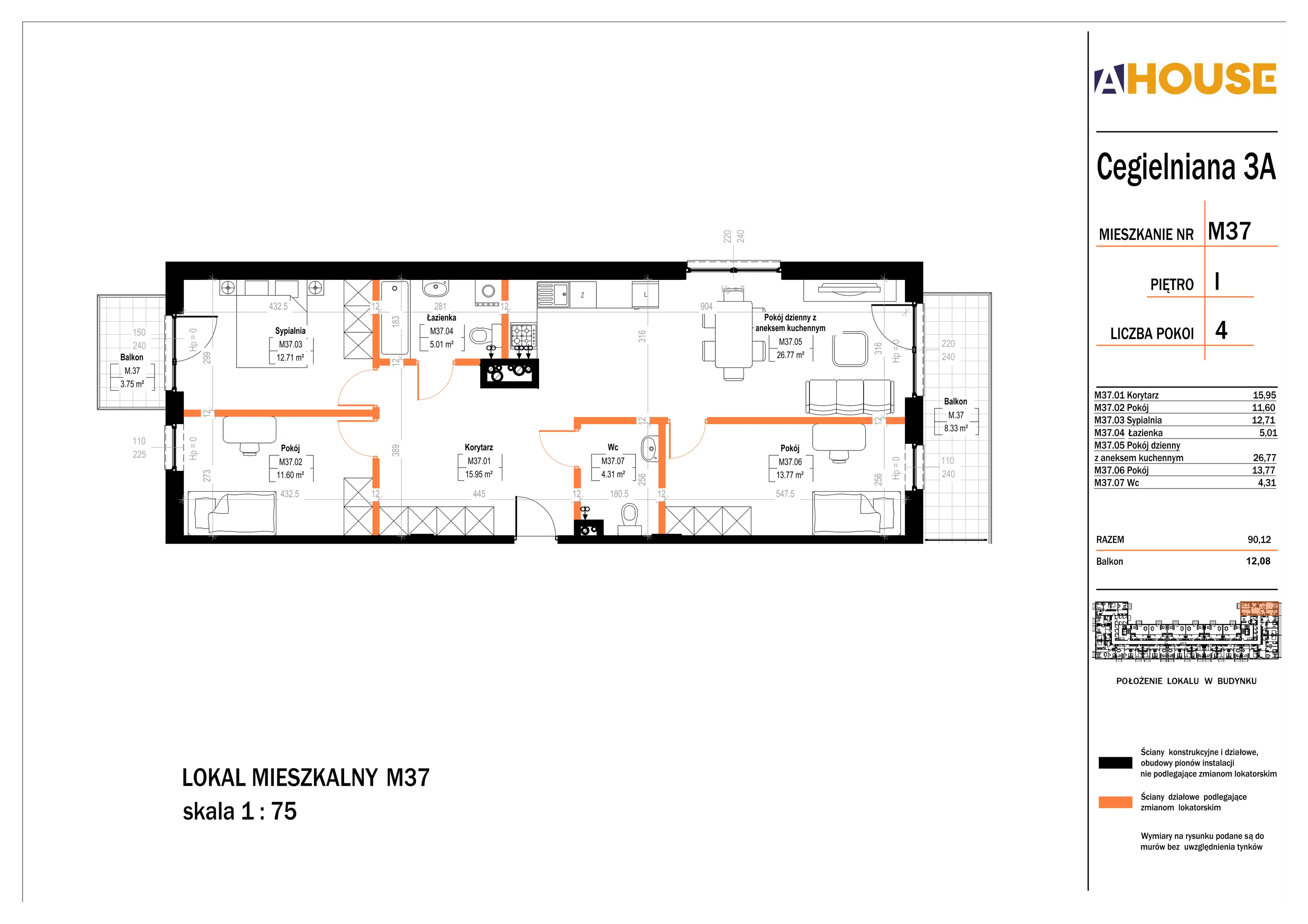 4 pokoje, mieszkanie 90,12 m², piętro 1, oferta nr 37, Osiedle StaLove Etap II, Grodzisk Mazowiecki, ul. Cegielniana 3