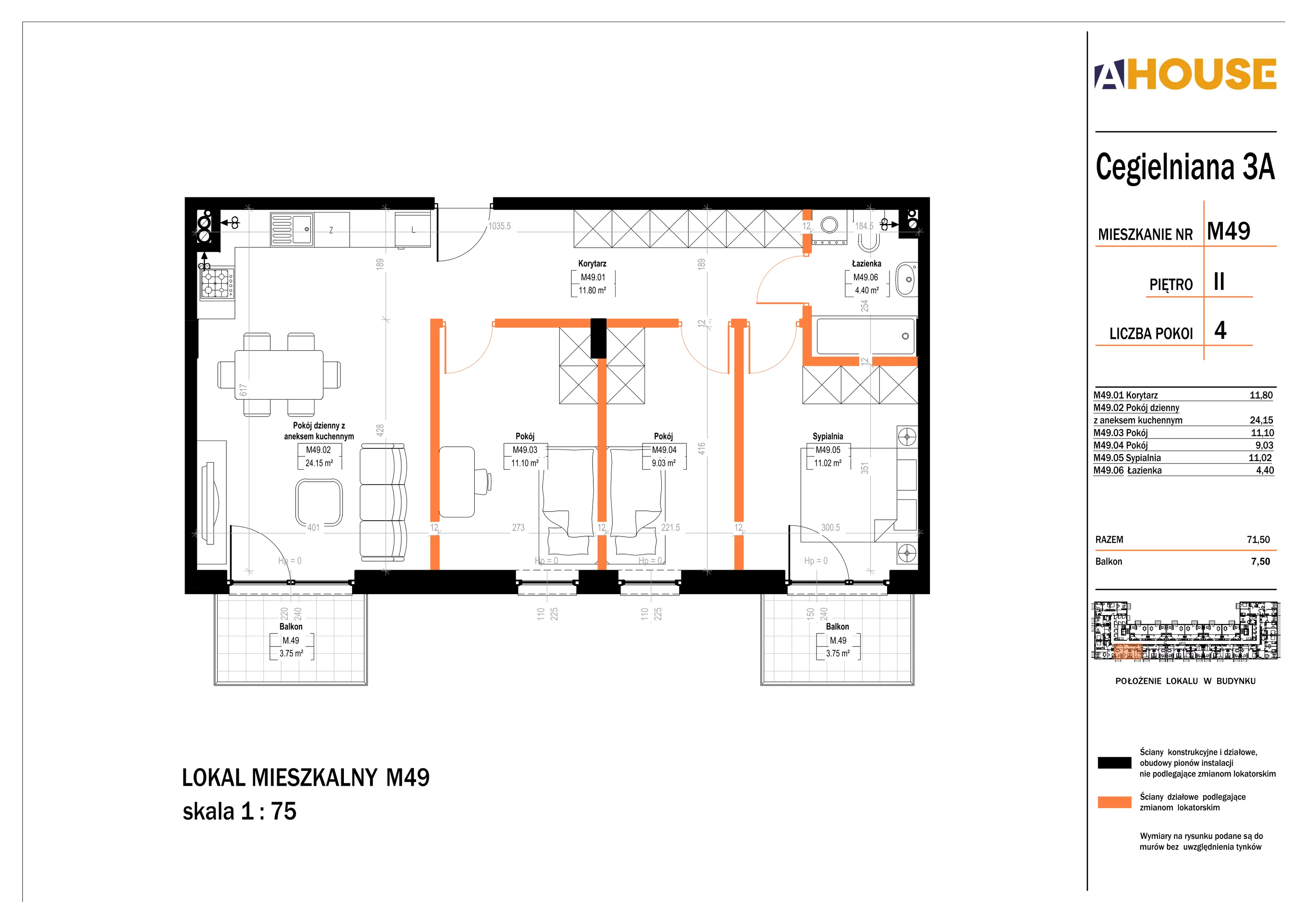 4 pokoje, mieszkanie 71,50 m², piętro 2, oferta nr 49, Osiedle StaLove Etap II, Grodzisk Mazowiecki, ul. Cegielniana 3