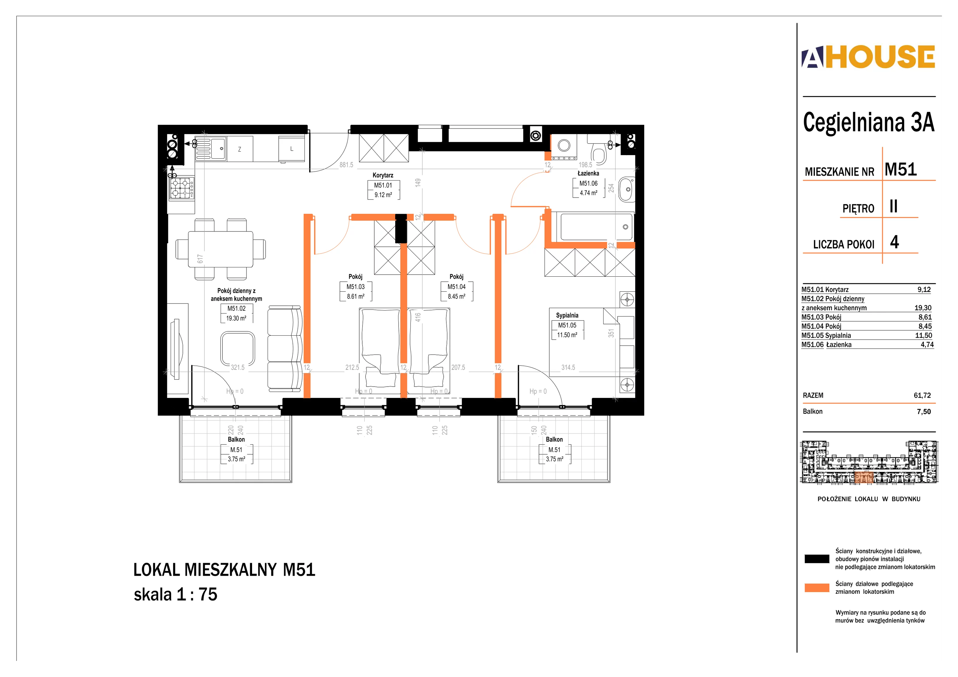 4 pokoje, mieszkanie 61,72 m², piętro 2, oferta nr 51, Osiedle StaLove Etap II, Grodzisk Mazowiecki, ul. Cegielniana 3