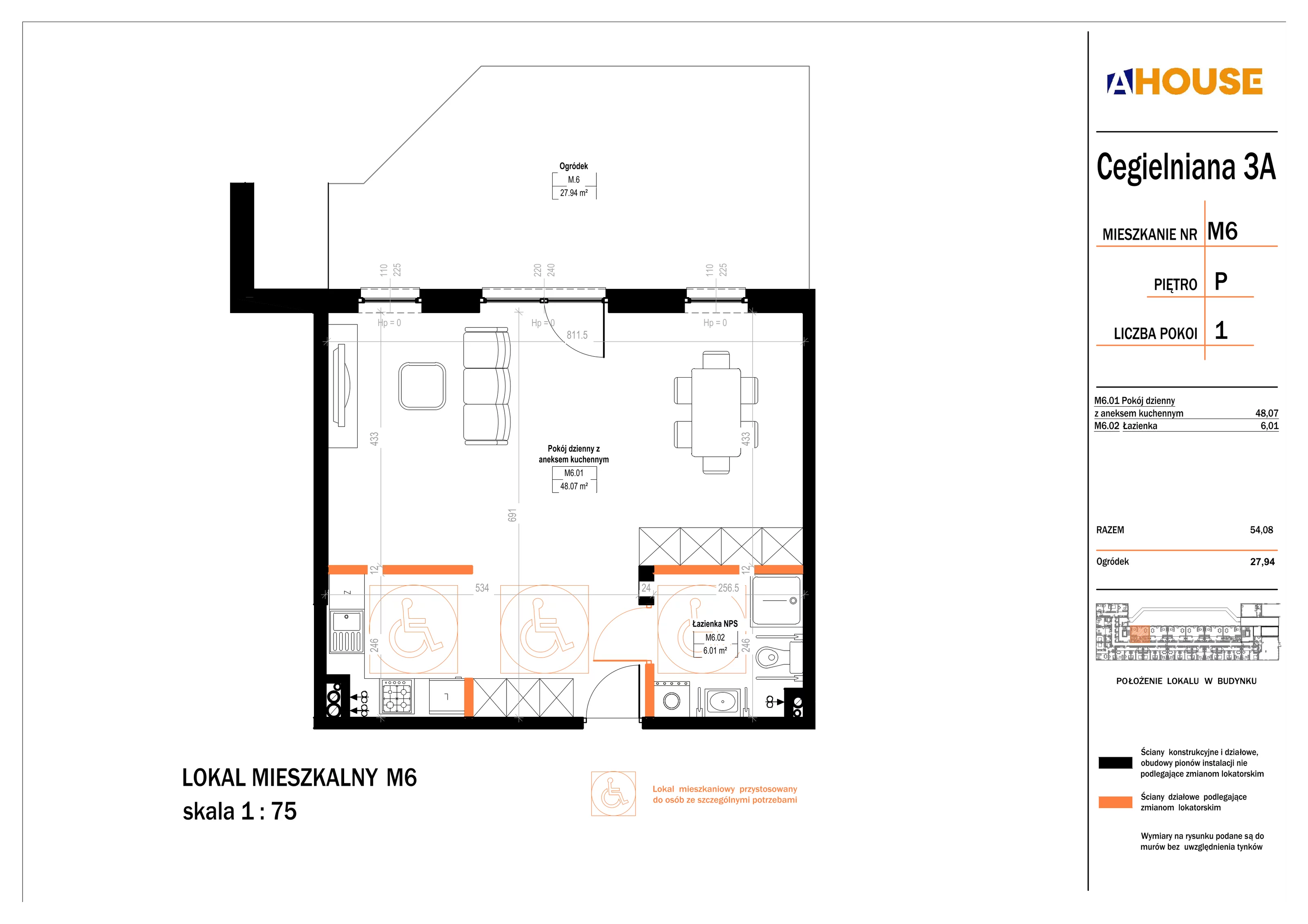 1 pokój, mieszkanie 54,08 m², parter, oferta nr 6, Osiedle StaLove Etap II, Grodzisk Mazowiecki, ul. Cegielniana 3