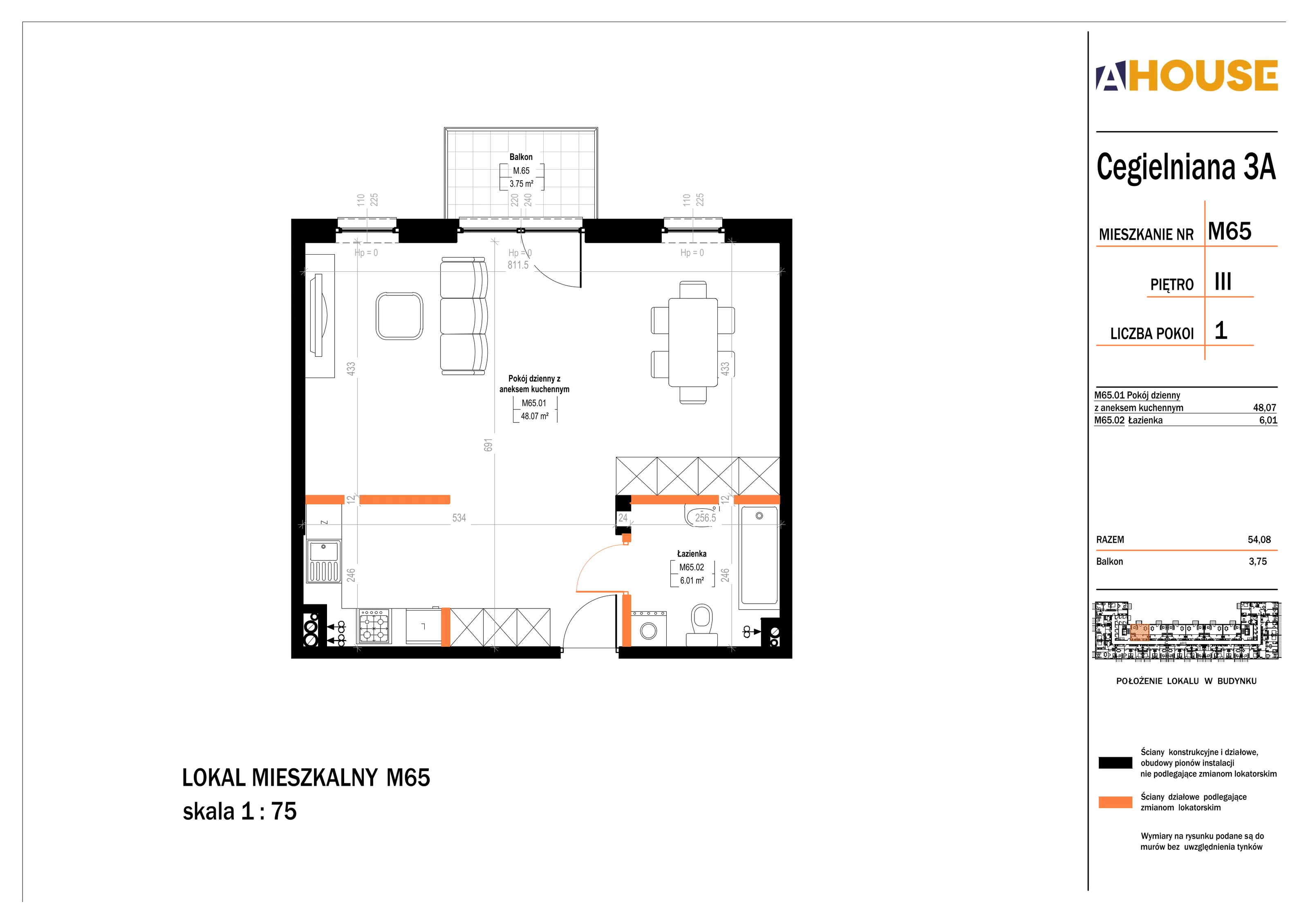 1 pokój, mieszkanie 54,08 m², piętro 3, oferta nr 65, Osiedle StaLove Etap II, Grodzisk Mazowiecki, ul. Cegielniana 3