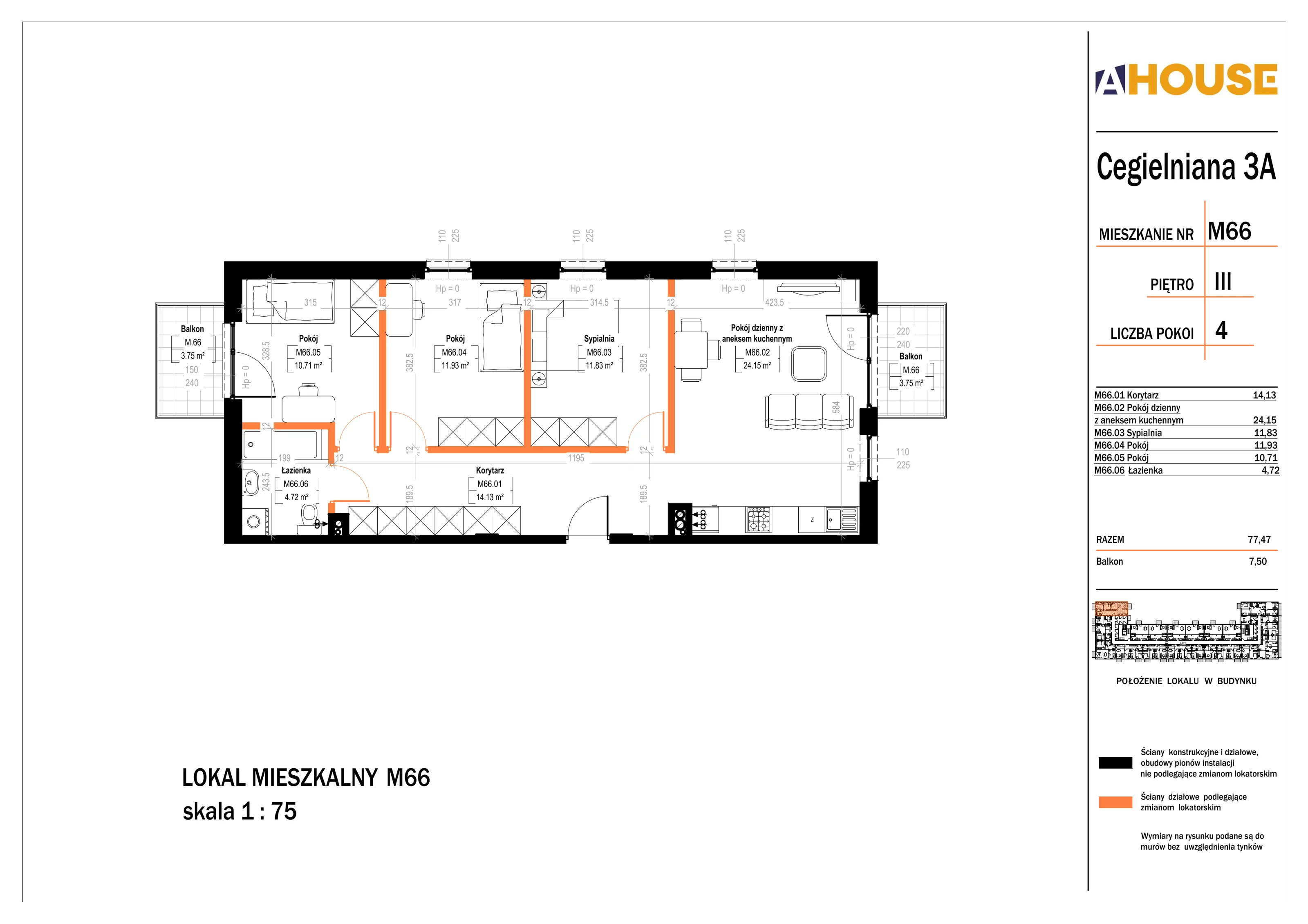 4 pokoje, mieszkanie 77,47 m², piętro 3, oferta nr 66, Osiedle StaLove Etap II, Grodzisk Mazowiecki, ul. Cegielniana 3