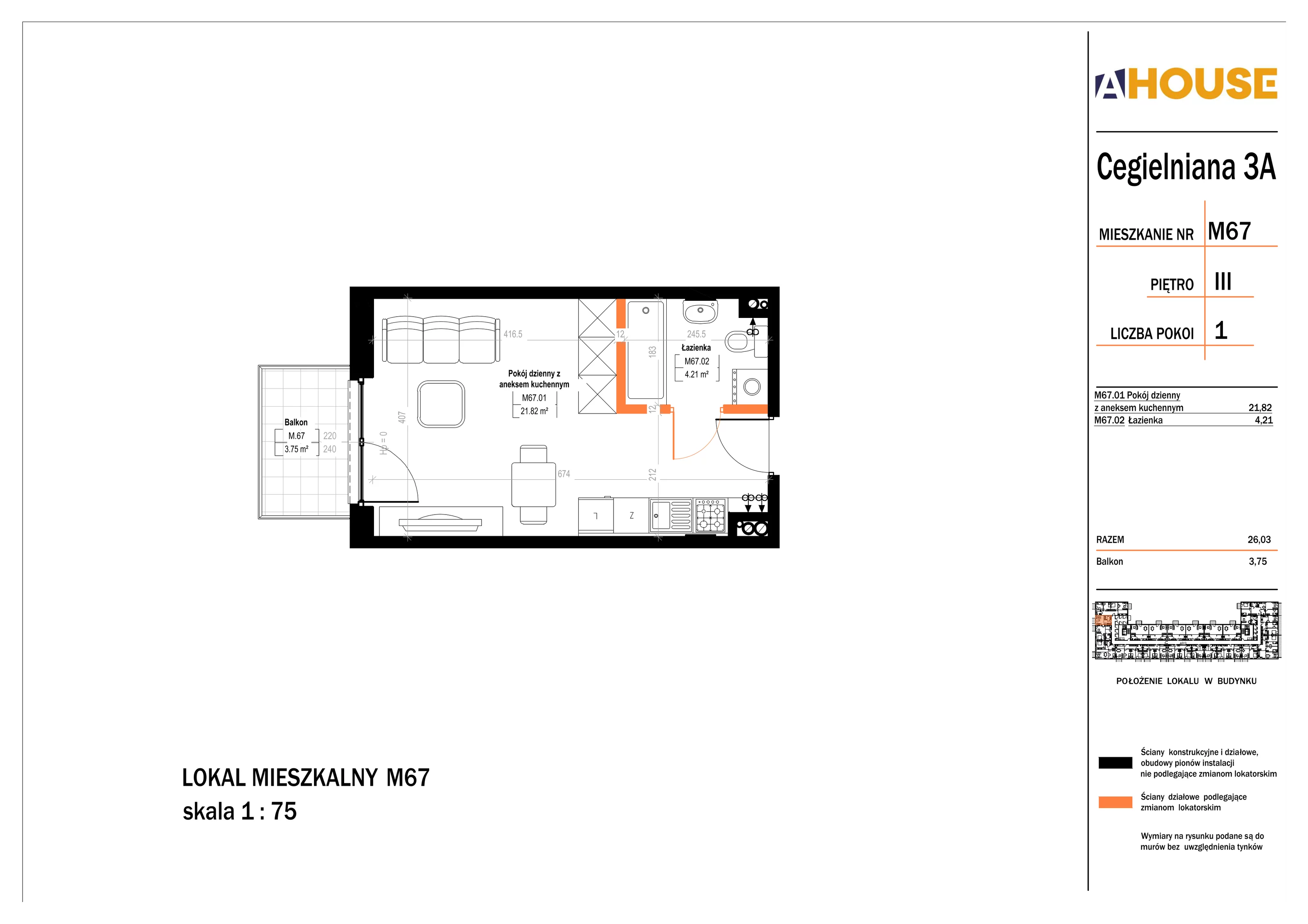 1 pokój, mieszkanie 26,03 m², piętro 3, oferta nr 67, Osiedle StaLove Etap II, Grodzisk Mazowiecki, ul. Cegielniana 3