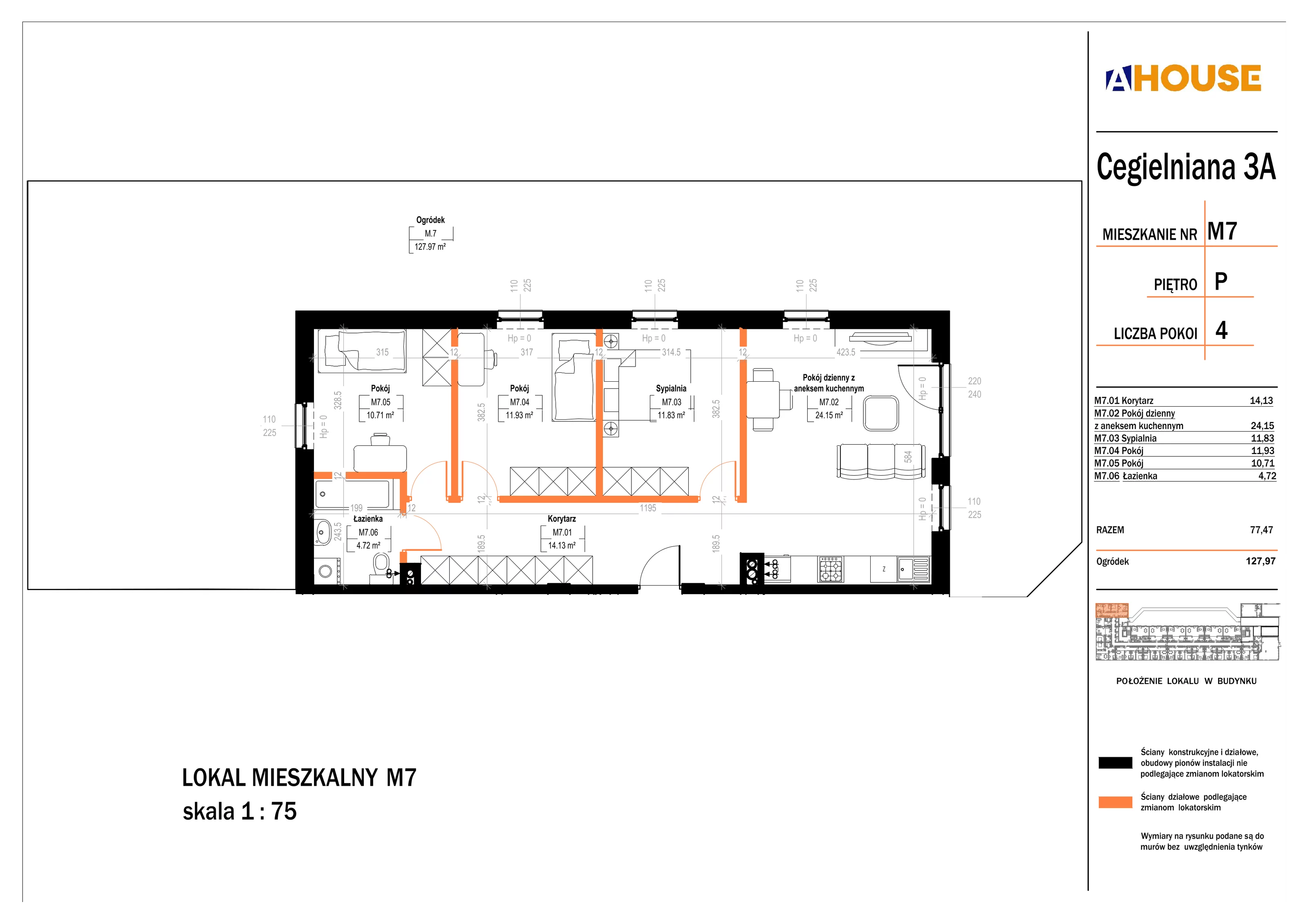 4 pokoje, mieszkanie 77,47 m², parter, oferta nr 7, Osiedle StaLove Etap II, Grodzisk Mazowiecki, ul. Cegielniana 3