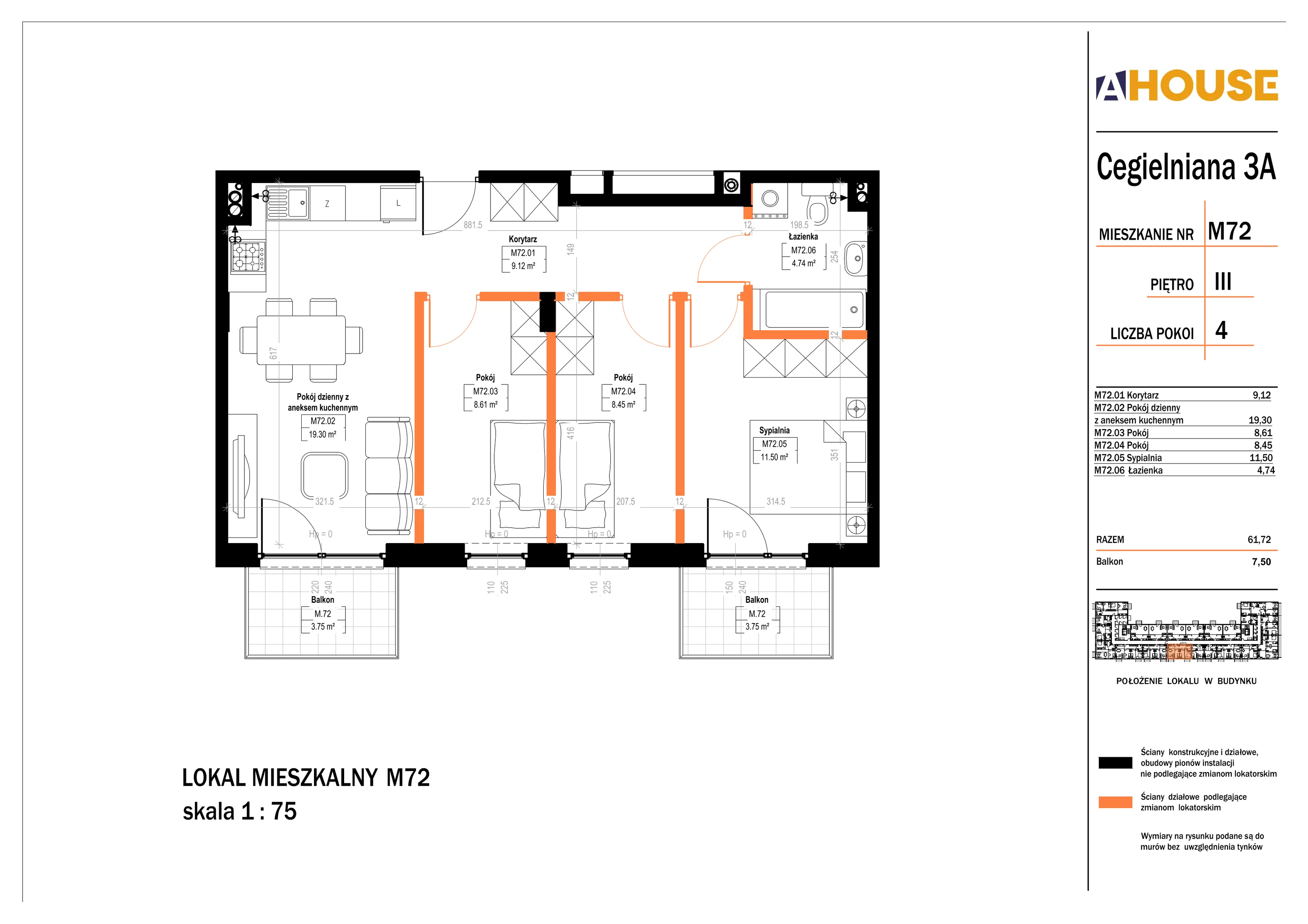4 pokoje, mieszkanie 61,72 m², piętro 3, oferta nr 72, Osiedle StaLove Etap II, Grodzisk Mazowiecki, ul. Cegielniana 3