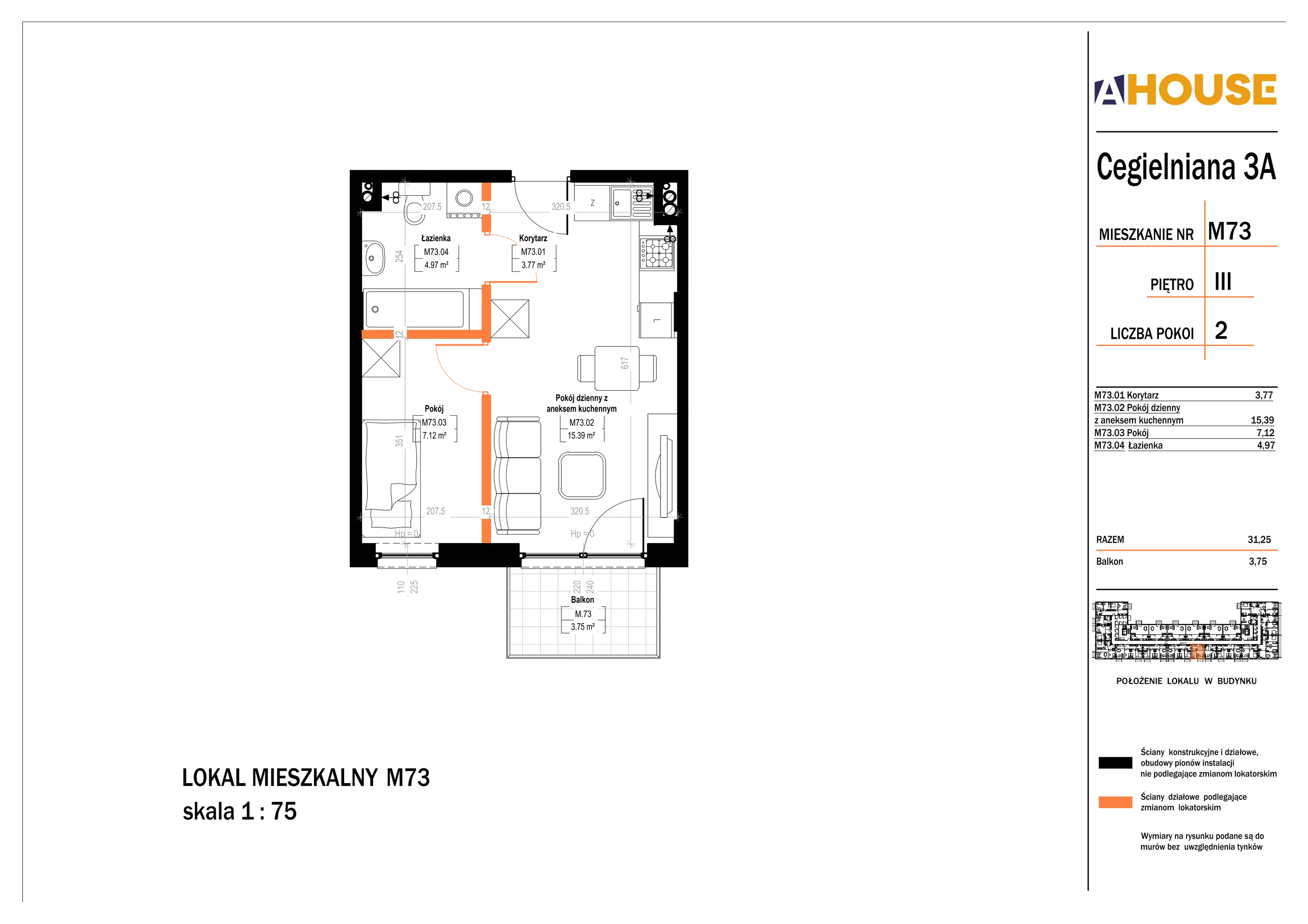 2 pokoje, mieszkanie 31,25 m², piętro 3, oferta nr 73, Osiedle StaLove Etap II, Grodzisk Mazowiecki, ul. Cegielniana 3