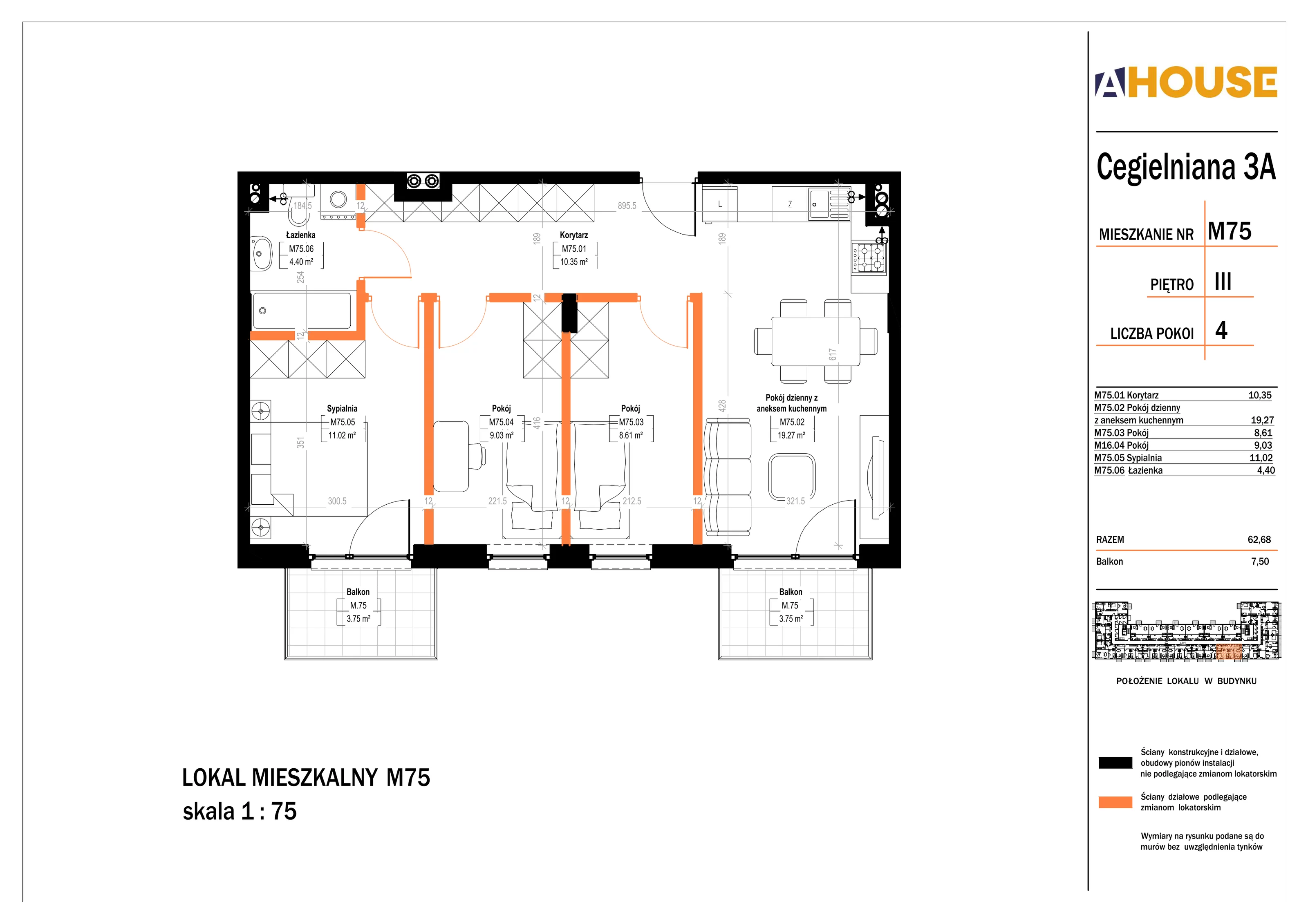 4 pokoje, mieszkanie 62,68 m², piętro 3, oferta nr 75, Osiedle StaLove Etap II, Grodzisk Mazowiecki, ul. Cegielniana 3