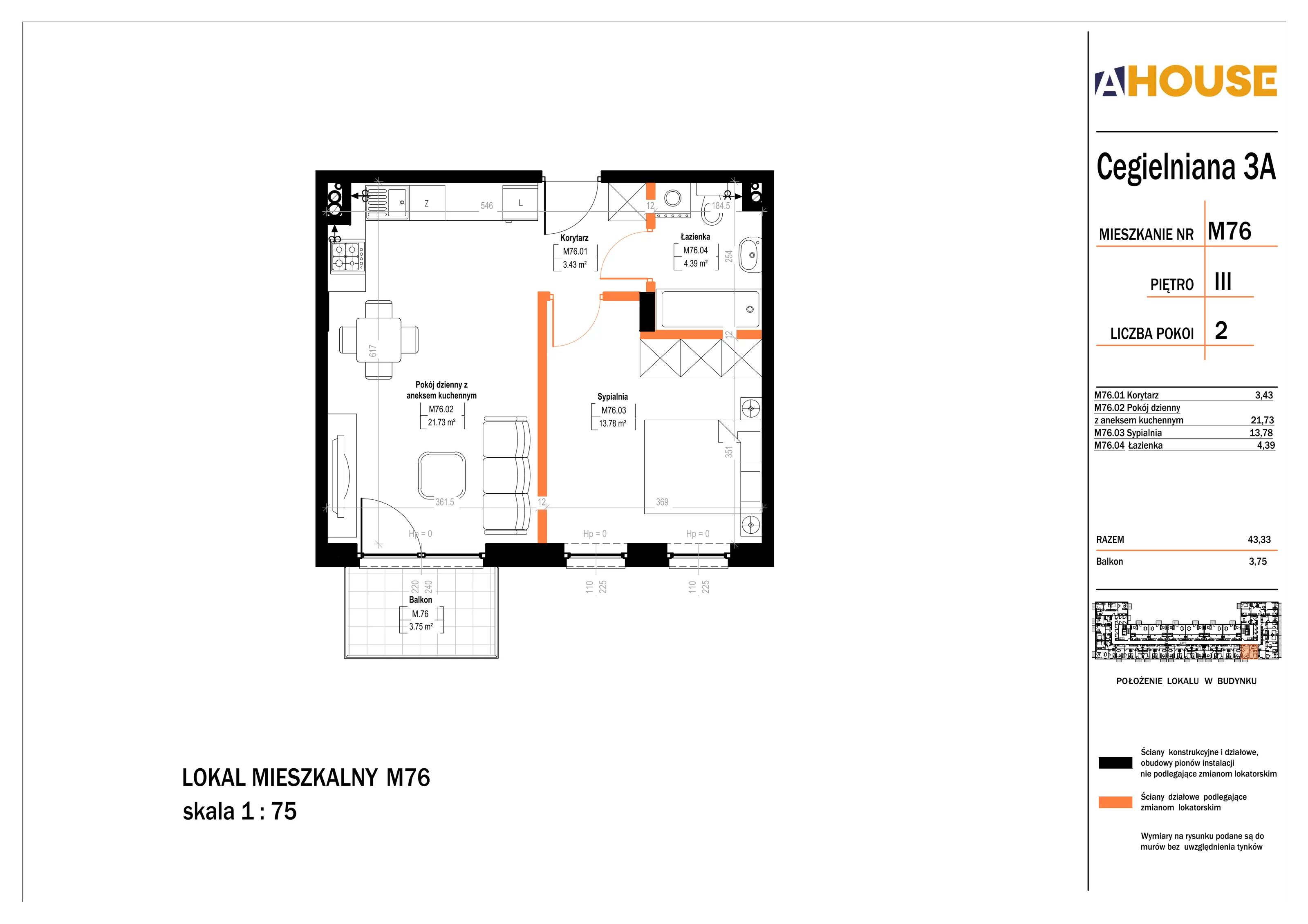 2 pokoje, mieszkanie 43,33 m², piętro 3, oferta nr 76, Osiedle StaLove Etap II, Grodzisk Mazowiecki, ul. Cegielniana 3