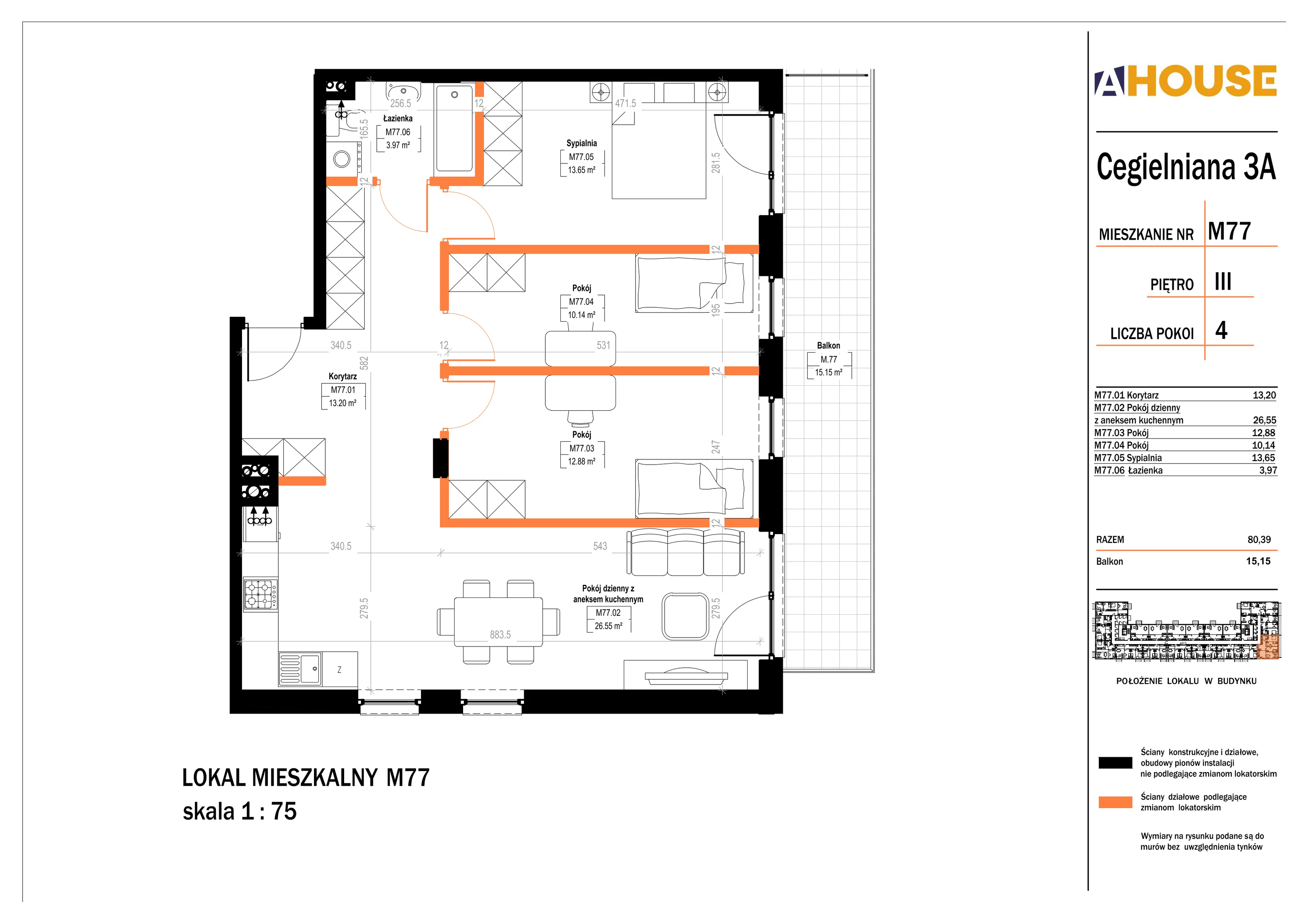 4 pokoje, mieszkanie 80,39 m², piętro 3, oferta nr 77, Osiedle StaLove Etap II, Grodzisk Mazowiecki, ul. Cegielniana 3