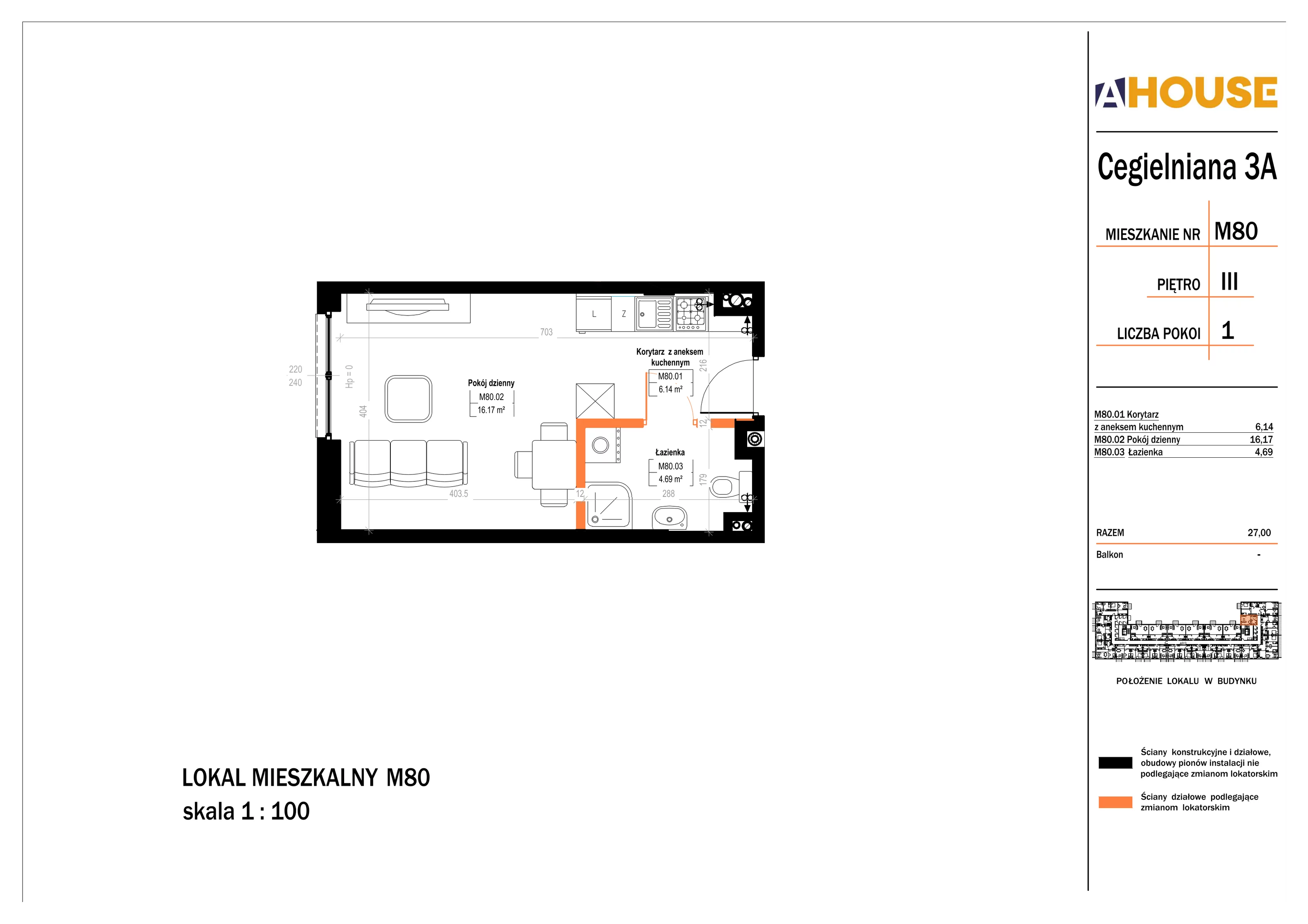 1 pokój, mieszkanie 27,00 m², piętro 3, oferta nr 80, Osiedle StaLove Etap II, Grodzisk Mazowiecki, ul. Cegielniana 3