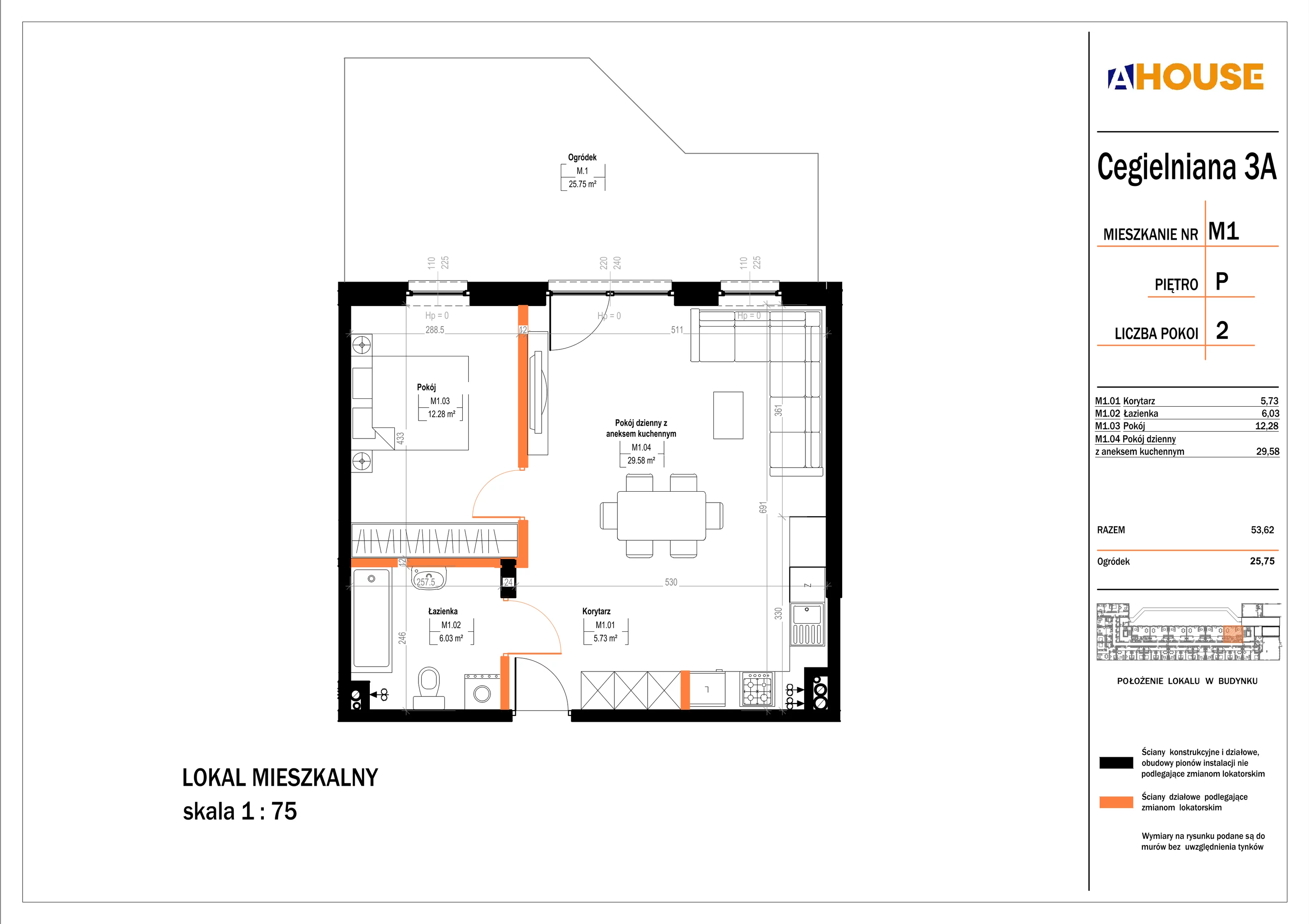 2 pokoje, mieszkanie 53,62 m², parter, oferta nr 1, Osiedle StaLove Etap II, Grodzisk Mazowiecki, ul. Cegielniana 3