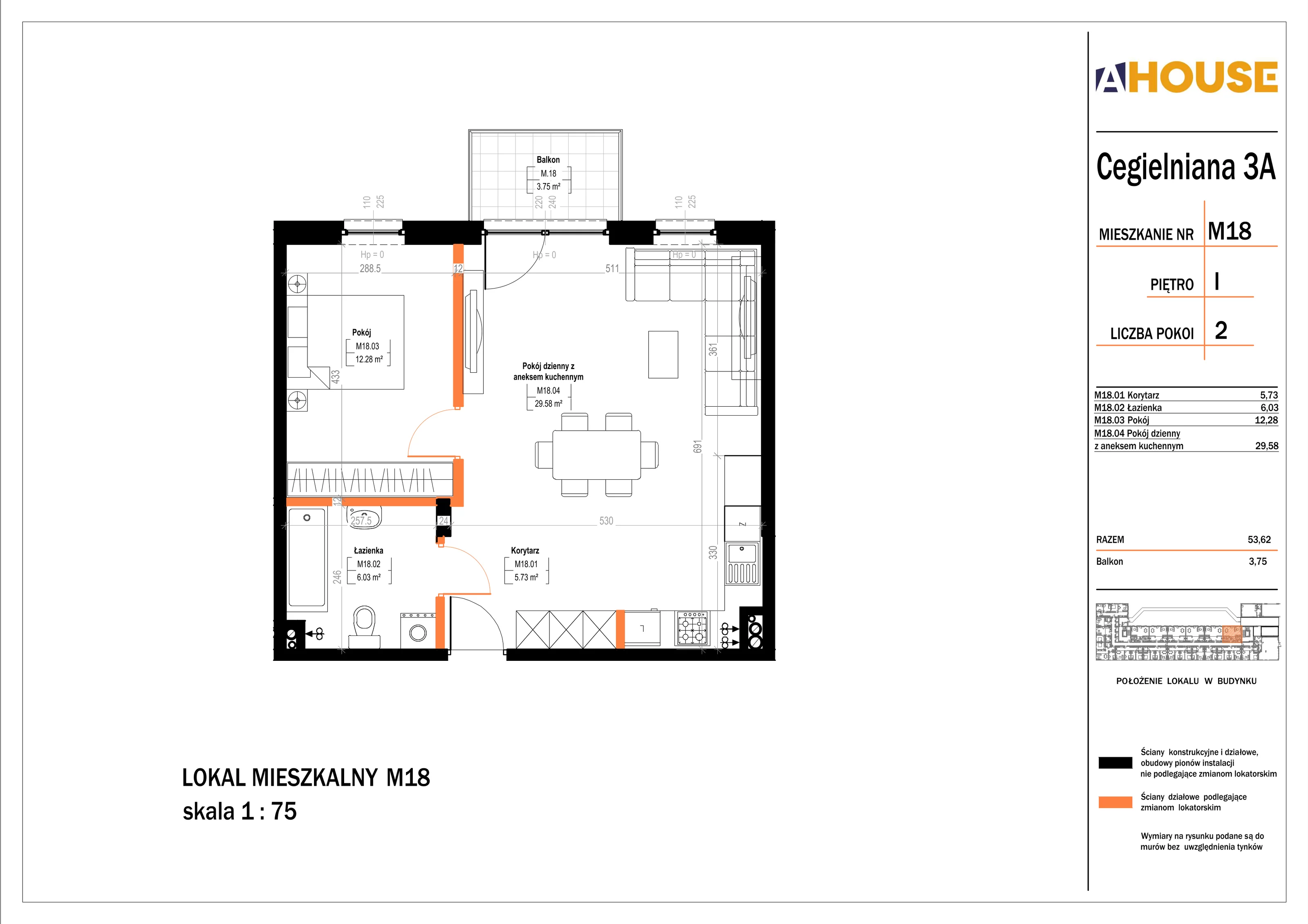 2 pokoje, mieszkanie 53,62 m², piętro 1, oferta nr 18, Osiedle StaLove Etap II, Grodzisk Mazowiecki, ul. Cegielniana 3