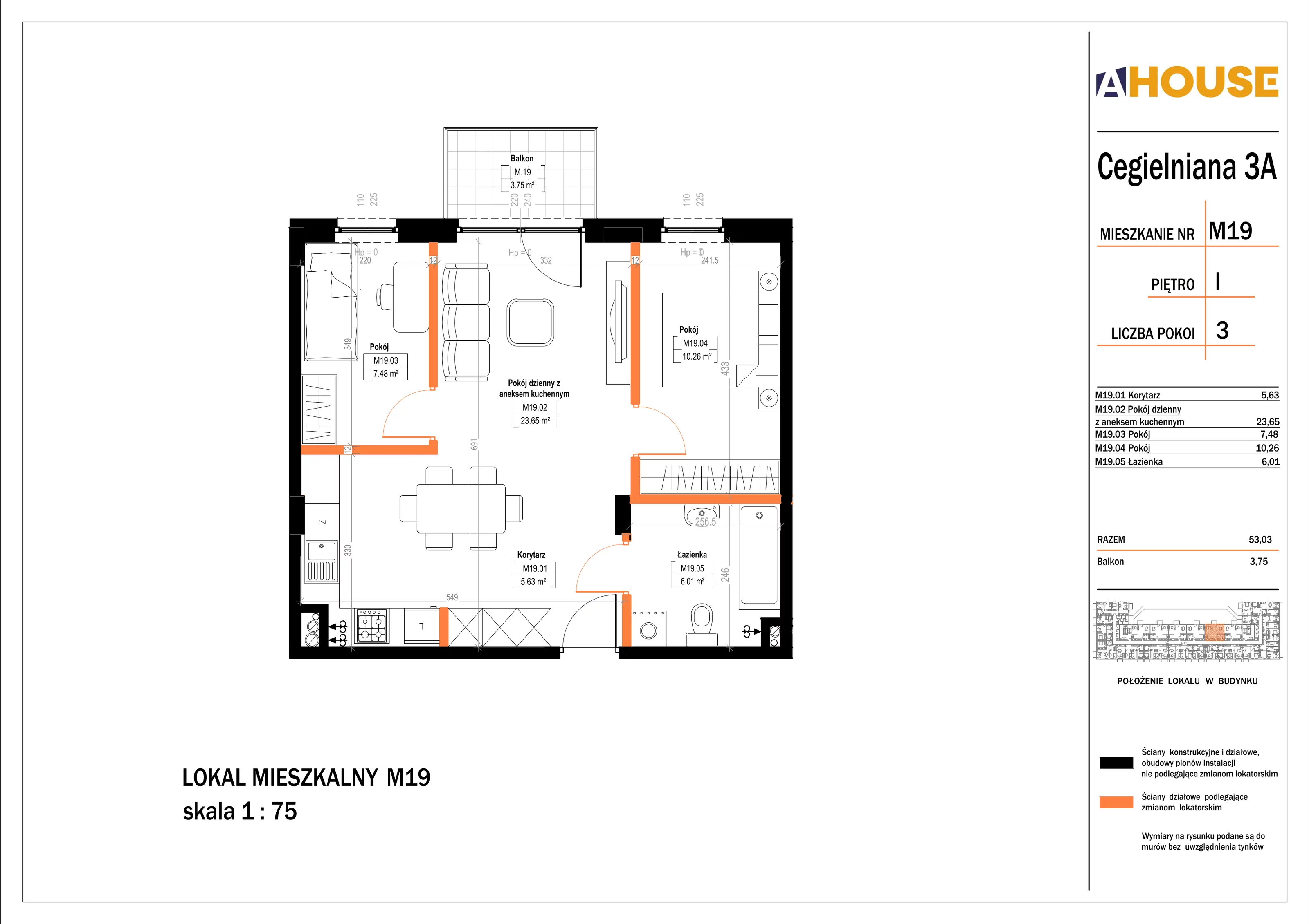 3 pokoje, mieszkanie 54,26 m², piętro 1, oferta nr 19, Osiedle StaLove Etap II, Grodzisk Mazowiecki, ul. Cegielniana 3
