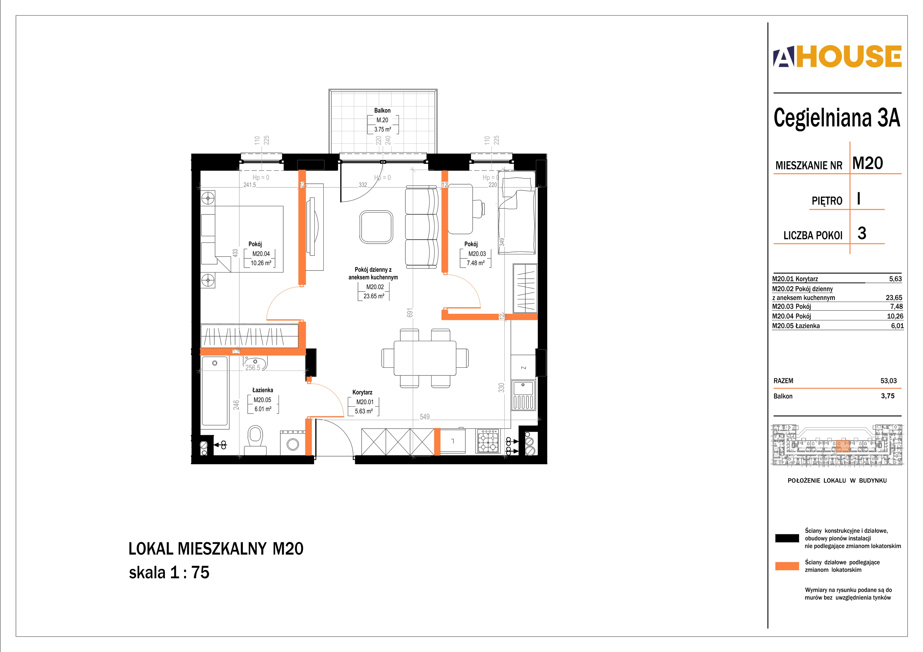 3 pokoje, mieszkanie 53,03 m², piętro 1, oferta nr 20, Osiedle StaLove Etap II, Grodzisk Mazowiecki, ul. Cegielniana 3