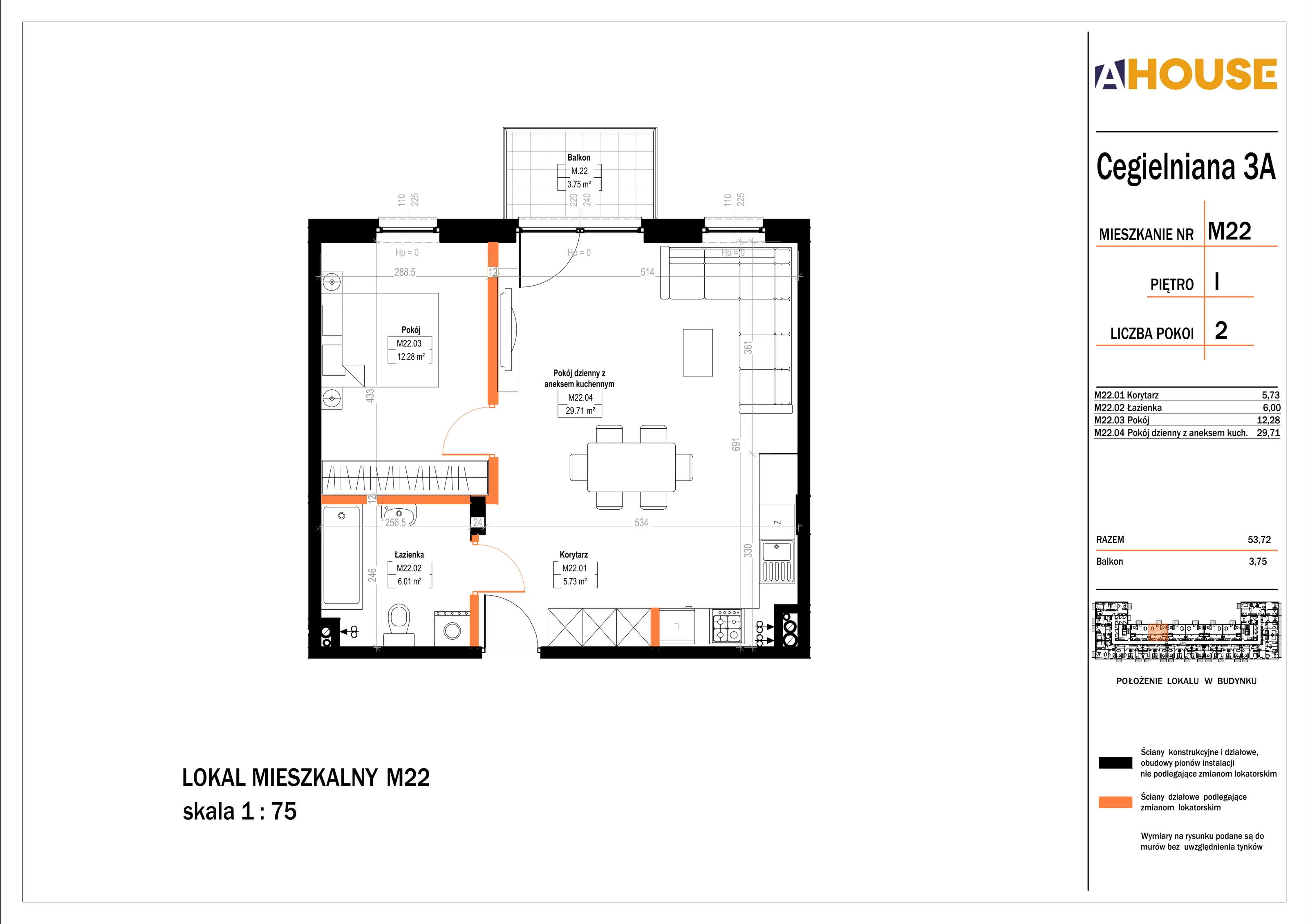 2 pokoje, mieszkanie 53,72 m², piętro 1, oferta nr 22, Osiedle StaLove Etap II, Grodzisk Mazowiecki, ul. Cegielniana 3