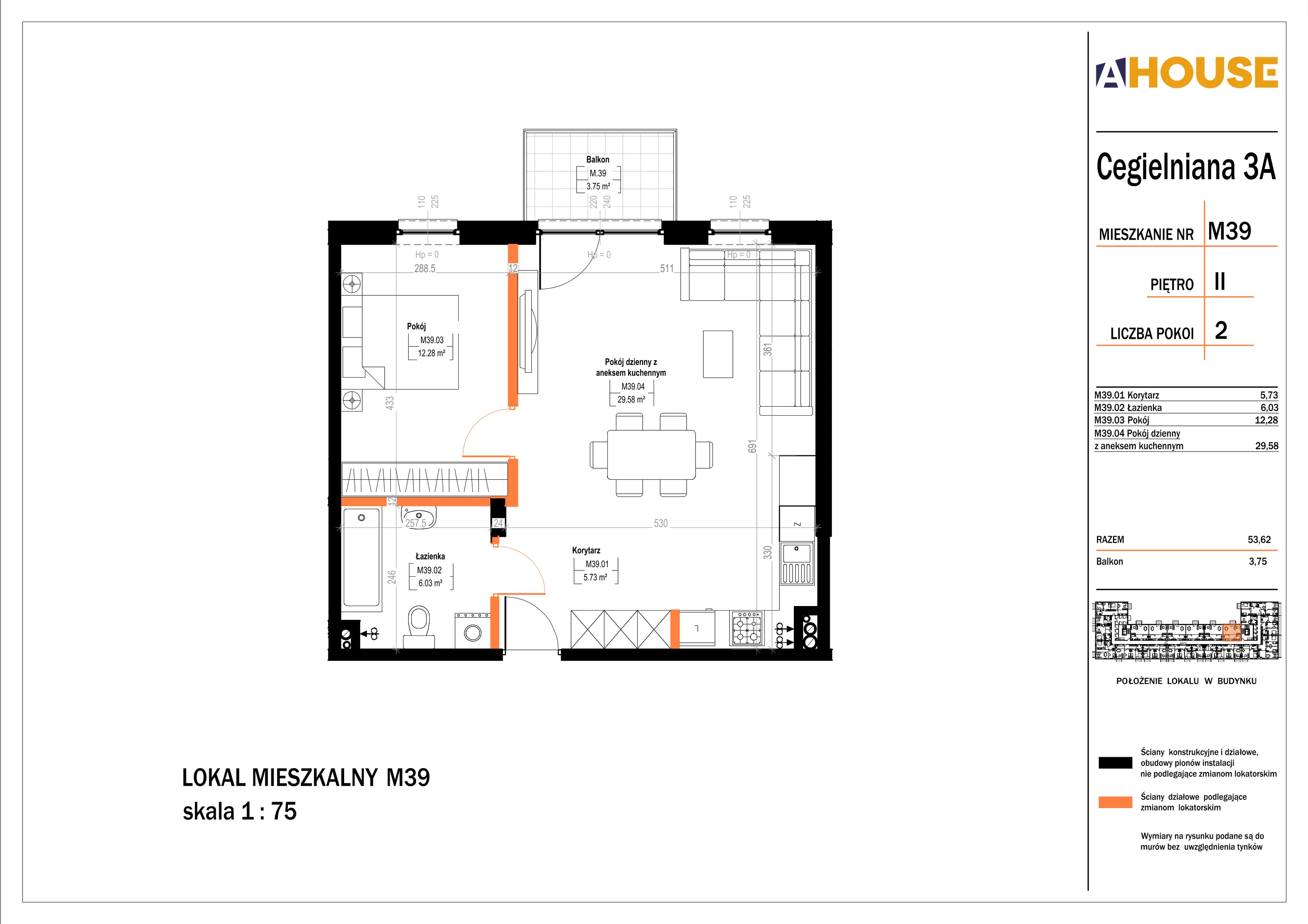 2 pokoje, mieszkanie 53,62 m², piętro 2, oferta nr 39, Osiedle StaLove Etap II, Grodzisk Mazowiecki, ul. Cegielniana 3