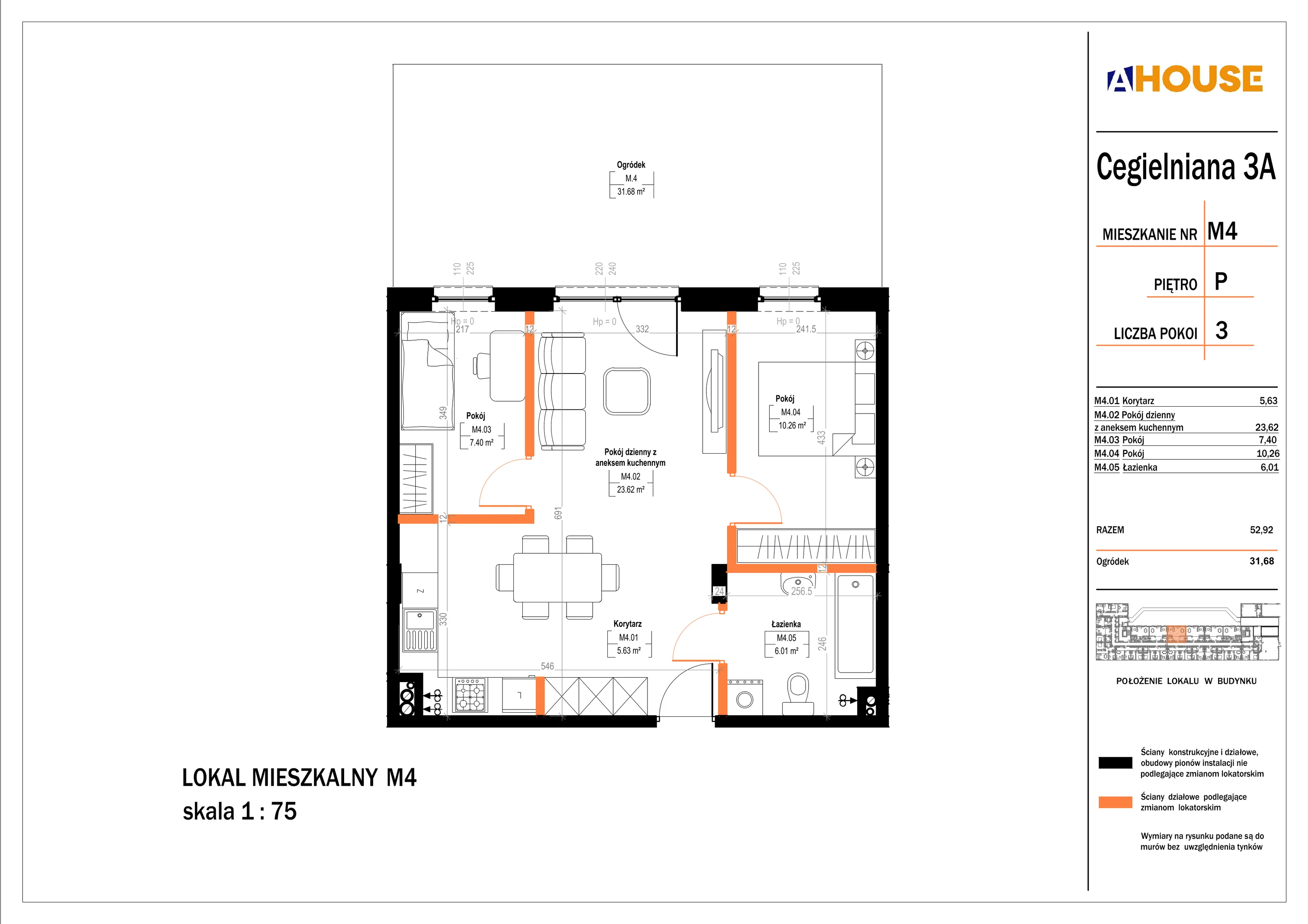 3 pokoje, mieszkanie 52,92 m², parter, oferta nr 4, Osiedle StaLove Etap II, Grodzisk Mazowiecki, ul. Cegielniana 3