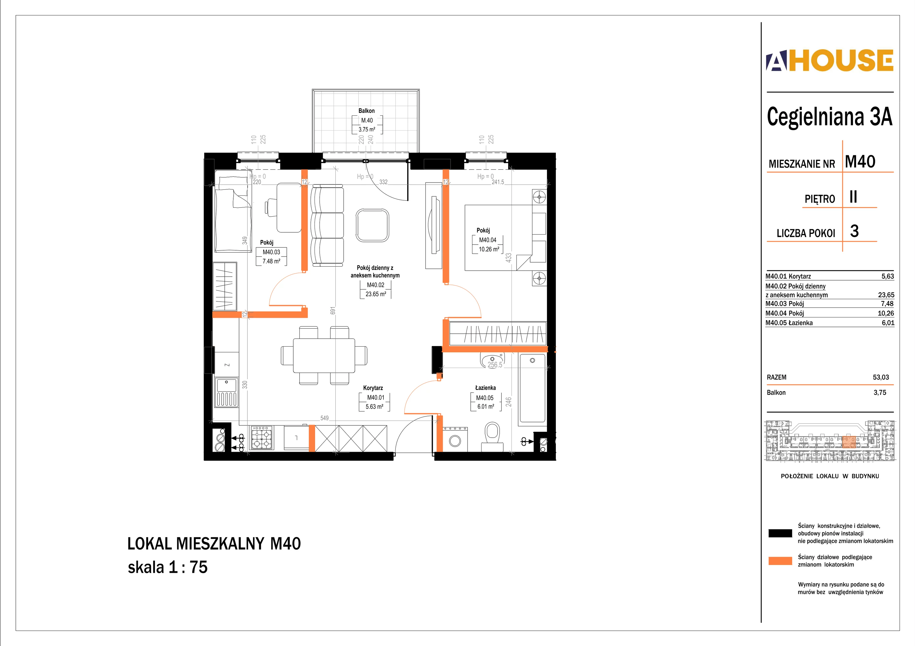 3 pokoje, mieszkanie 53,03 m², piętro 2, oferta nr 40, Osiedle StaLove Etap II, Grodzisk Mazowiecki, ul. Cegielniana 3