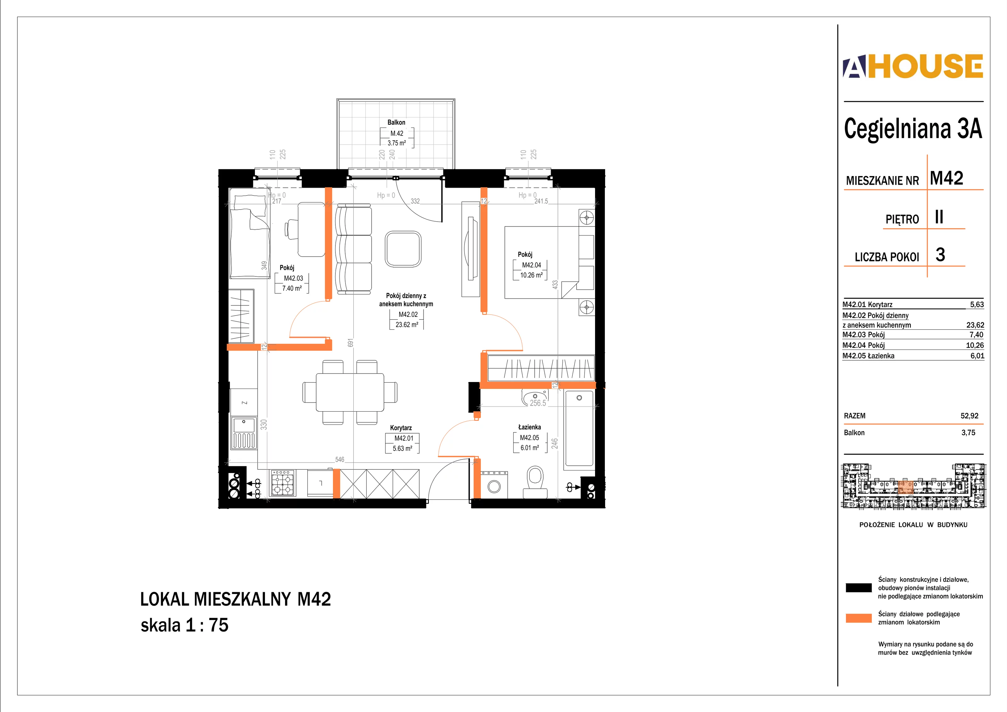 3 pokoje, mieszkanie 52,92 m², piętro 2, oferta nr 42, Osiedle StaLove Etap II, Grodzisk Mazowiecki, ul. Cegielniana 3