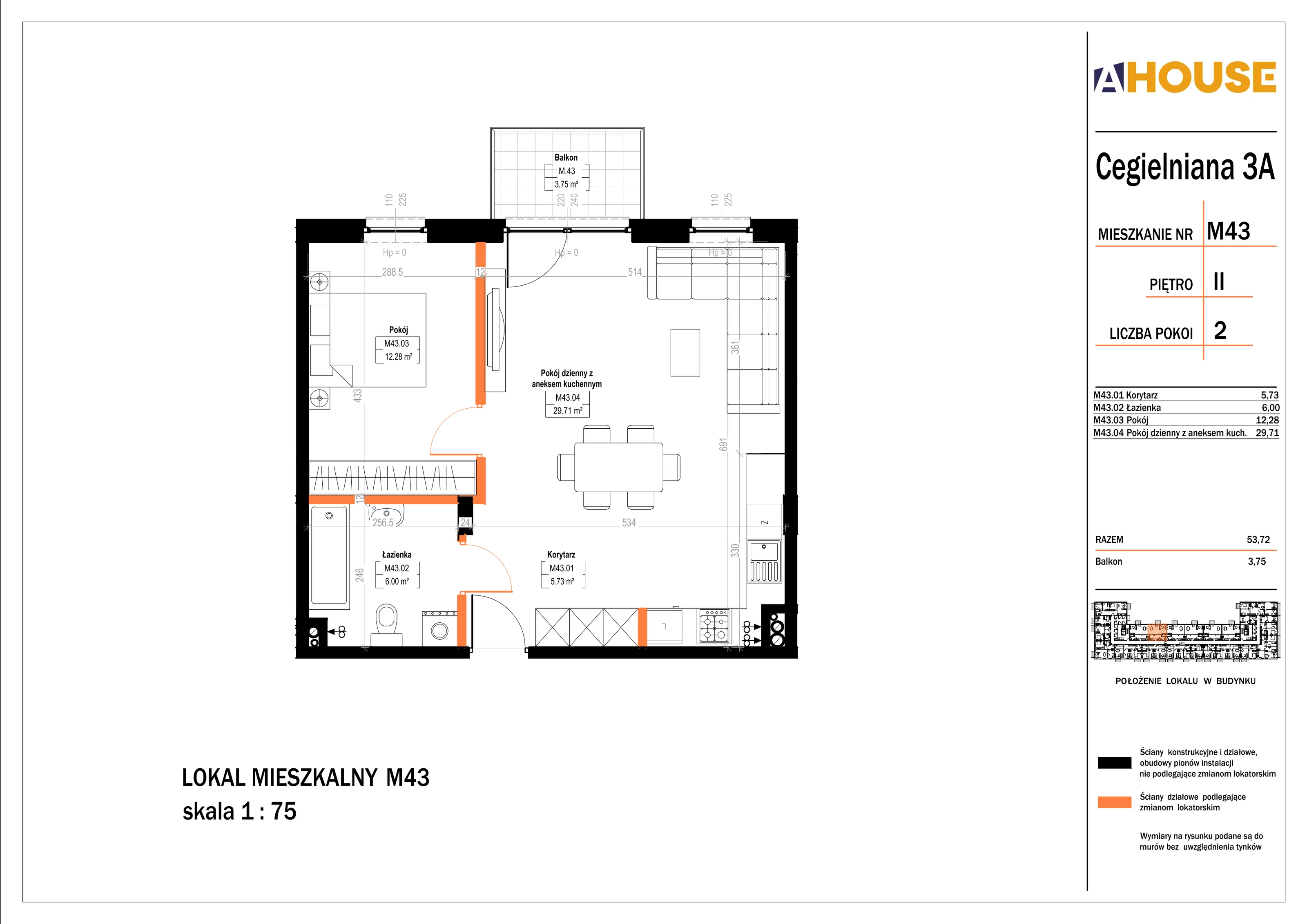 2 pokoje, mieszkanie 53,72 m², piętro 2, oferta nr 43, Osiedle StaLove Etap II, Grodzisk Mazowiecki, ul. Cegielniana 3