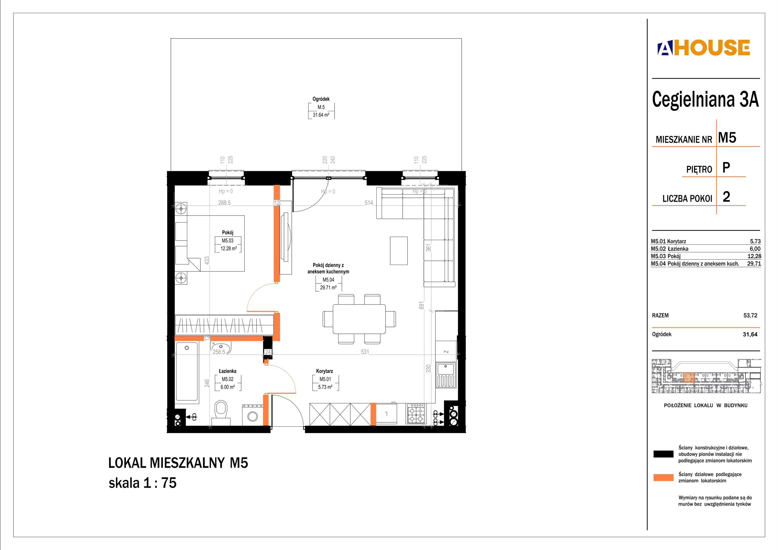 2 pokoje, mieszkanie 54,10 m², parter, oferta nr 5, Osiedle StaLove Etap II, Grodzisk Mazowiecki, ul. Cegielniana 3