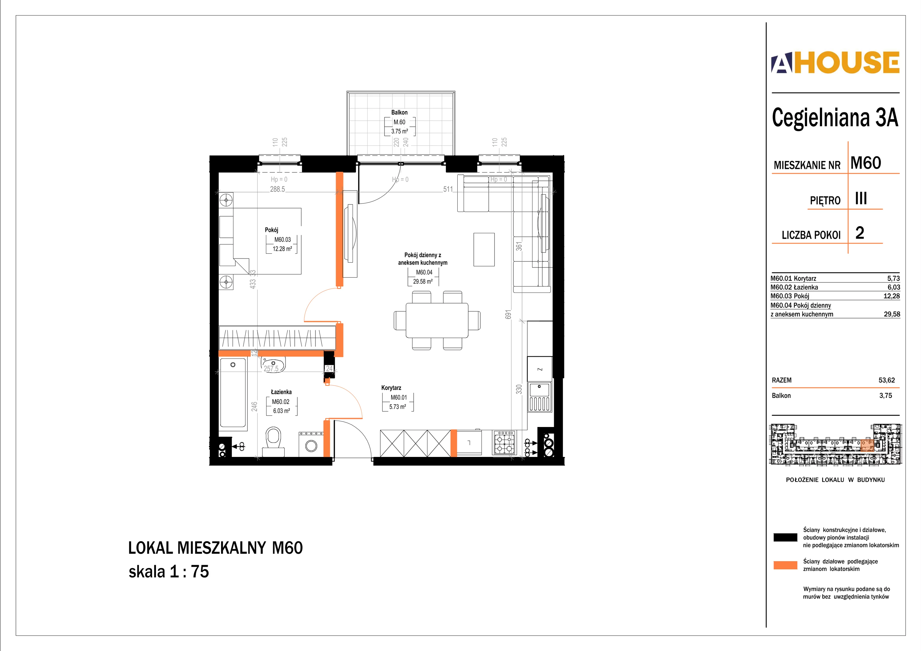 2 pokoje, mieszkanie 53,62 m², piętro 3, oferta nr 60, Osiedle StaLove Etap II, Grodzisk Mazowiecki, ul. Cegielniana 3