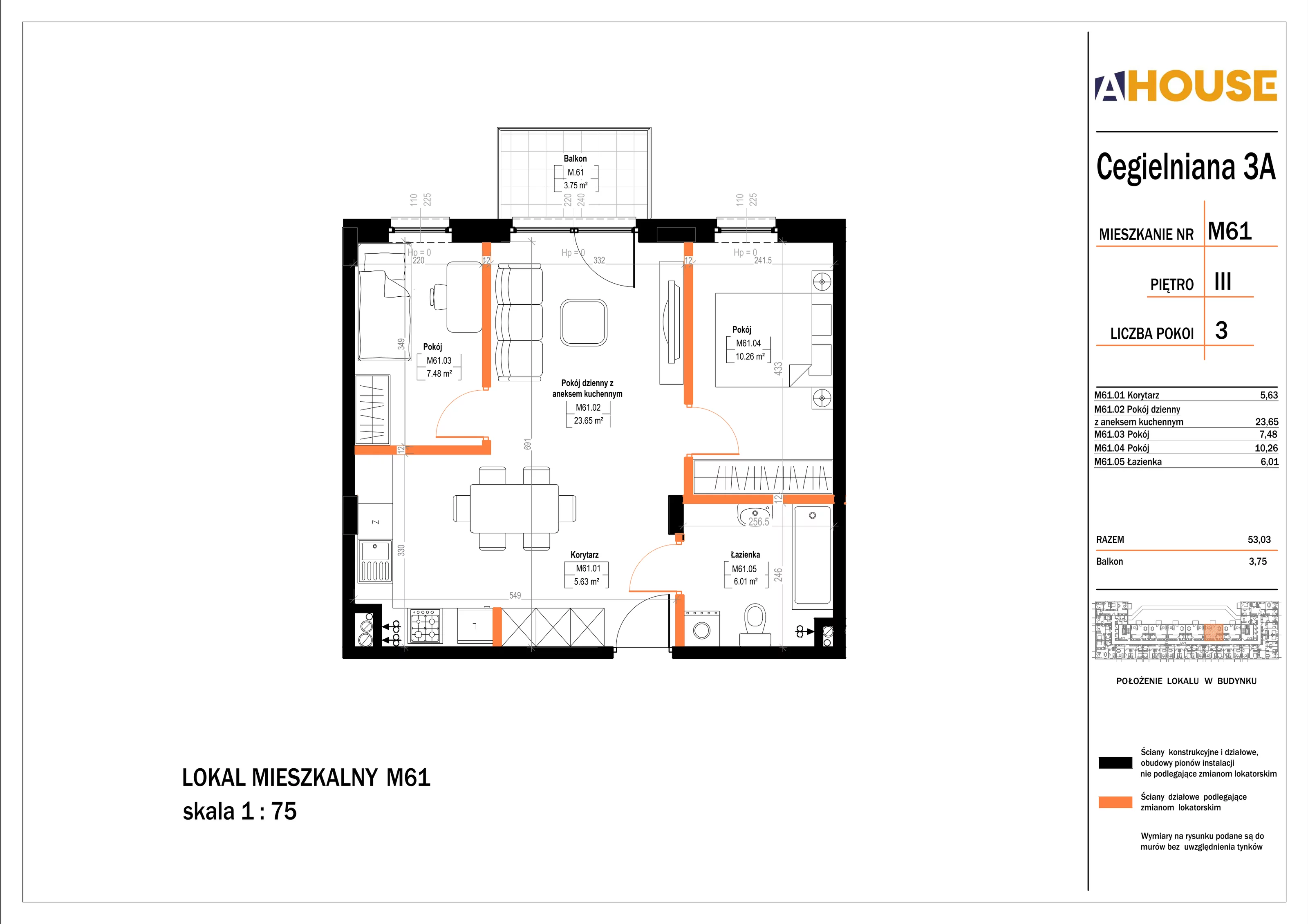 3 pokoje, mieszkanie 53,03 m², piętro 3, oferta nr 61, Osiedle StaLove Etap II, Grodzisk Mazowiecki, ul. Cegielniana 3