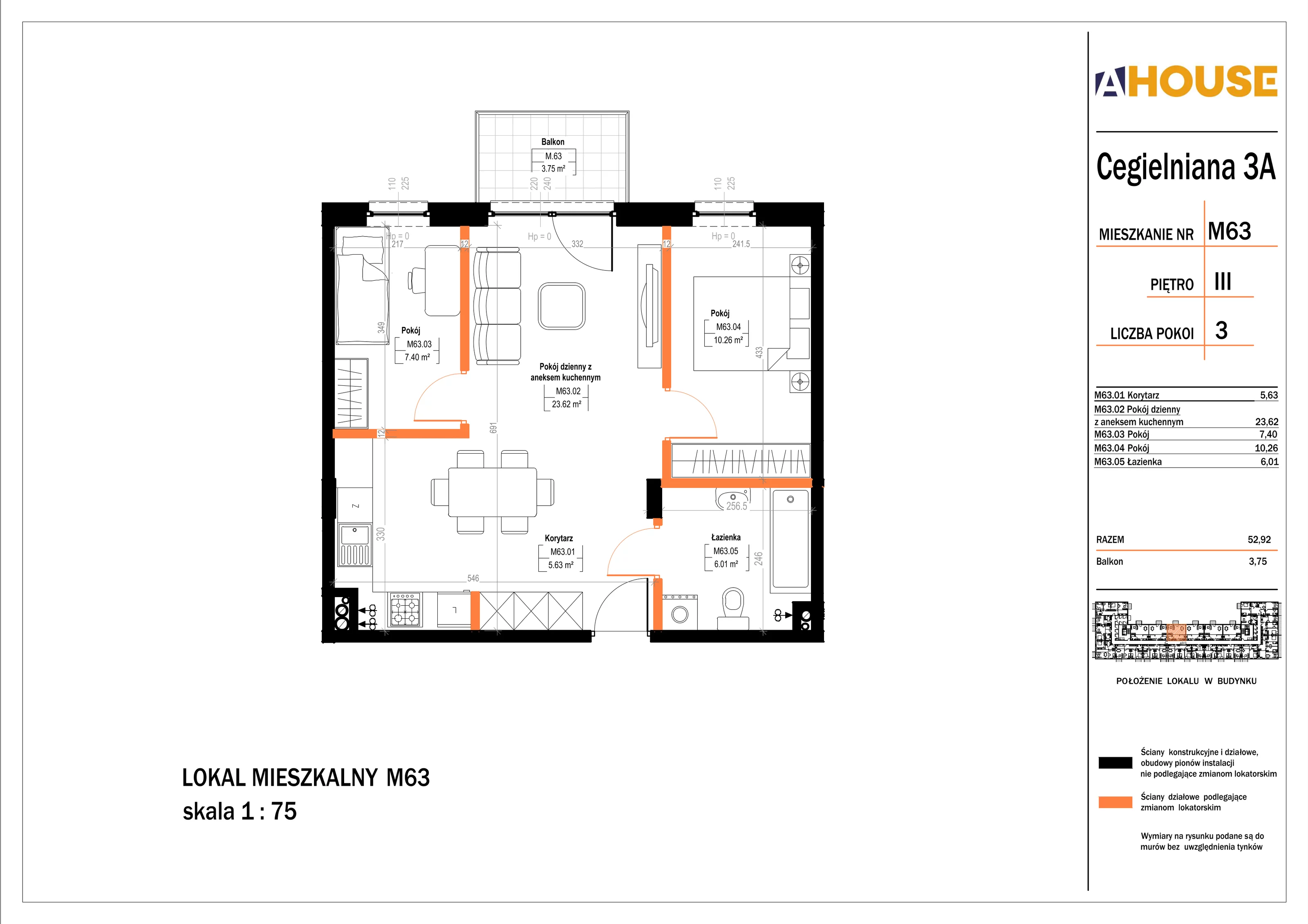 3 pokoje, mieszkanie 52,92 m², piętro 3, oferta nr 63, Osiedle StaLove Etap II, Grodzisk Mazowiecki, ul. Cegielniana 3