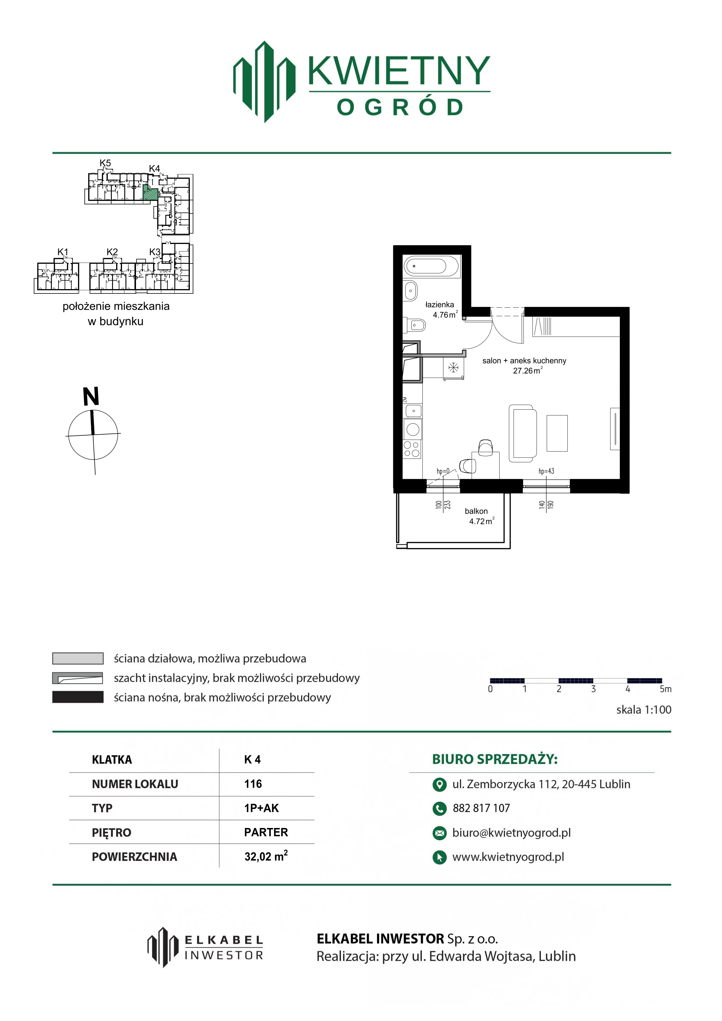 1 pokój, mieszkanie 32,02 m², parter, oferta nr M116, Kwietny Ogród, Lublin, Czechów Północny, Czechów Północny, ul. Edwarda Wojtasa
