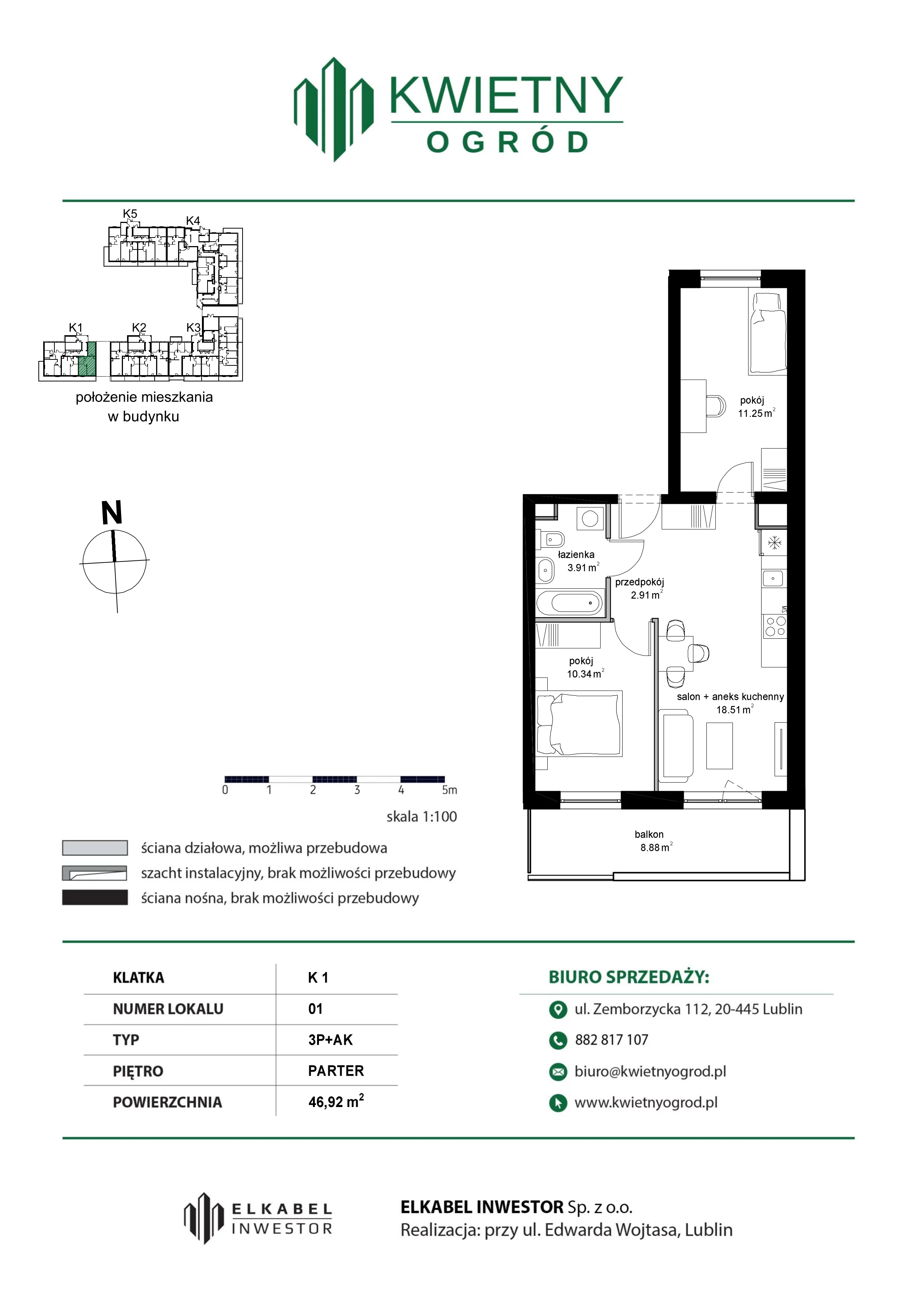 3 pokoje, mieszkanie 46,92 m², parter, oferta nr M01, Kwietny Ogród, Lublin, Czechów Północny, Czechów Północny, ul. Edwarda Wojtasa